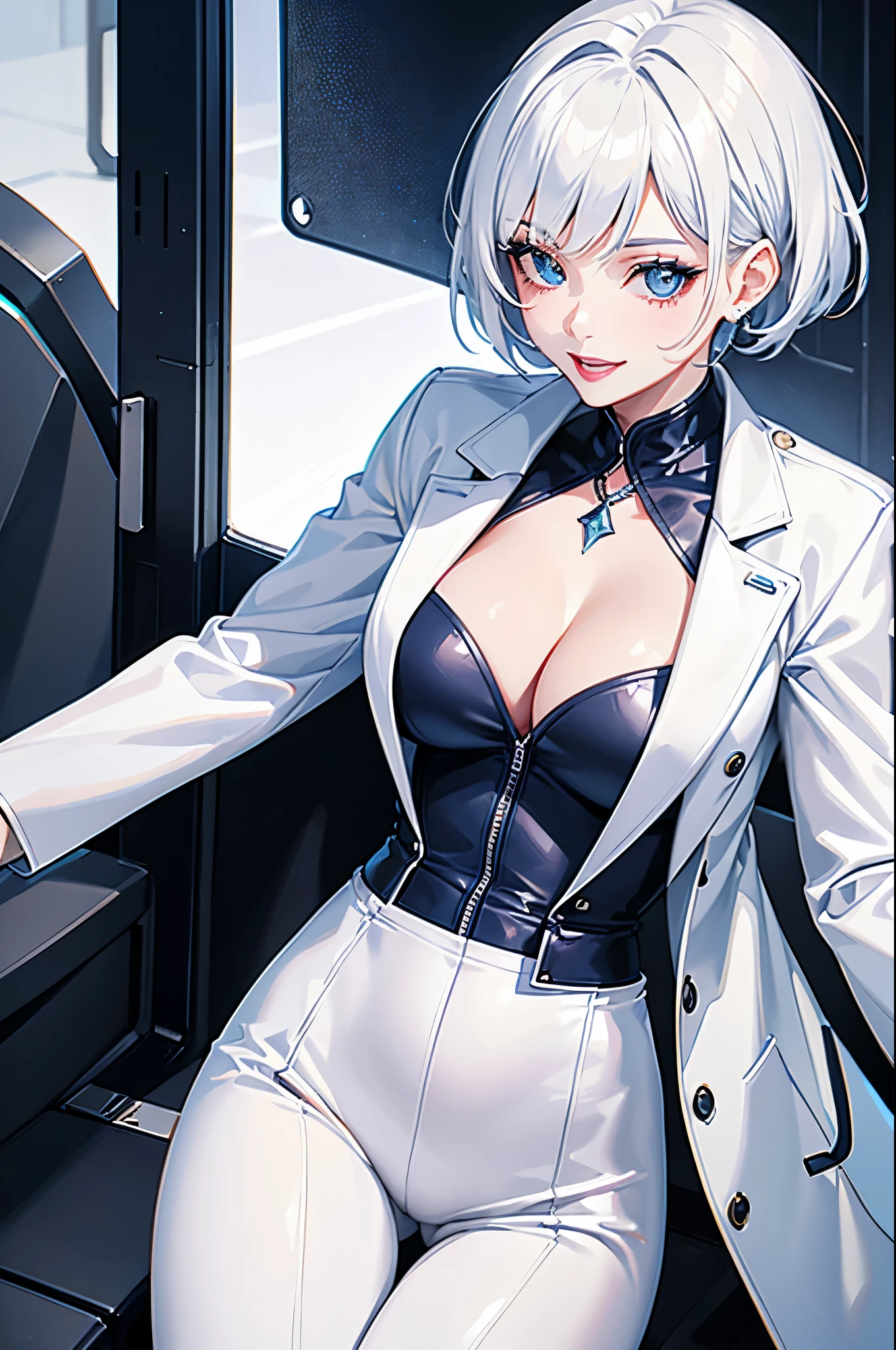 adult women, short hair white hair, high ponytail, blue eye color, White luxury jacket, trousers, open breast, blue lipstick, Smile, masterpiece, high quality