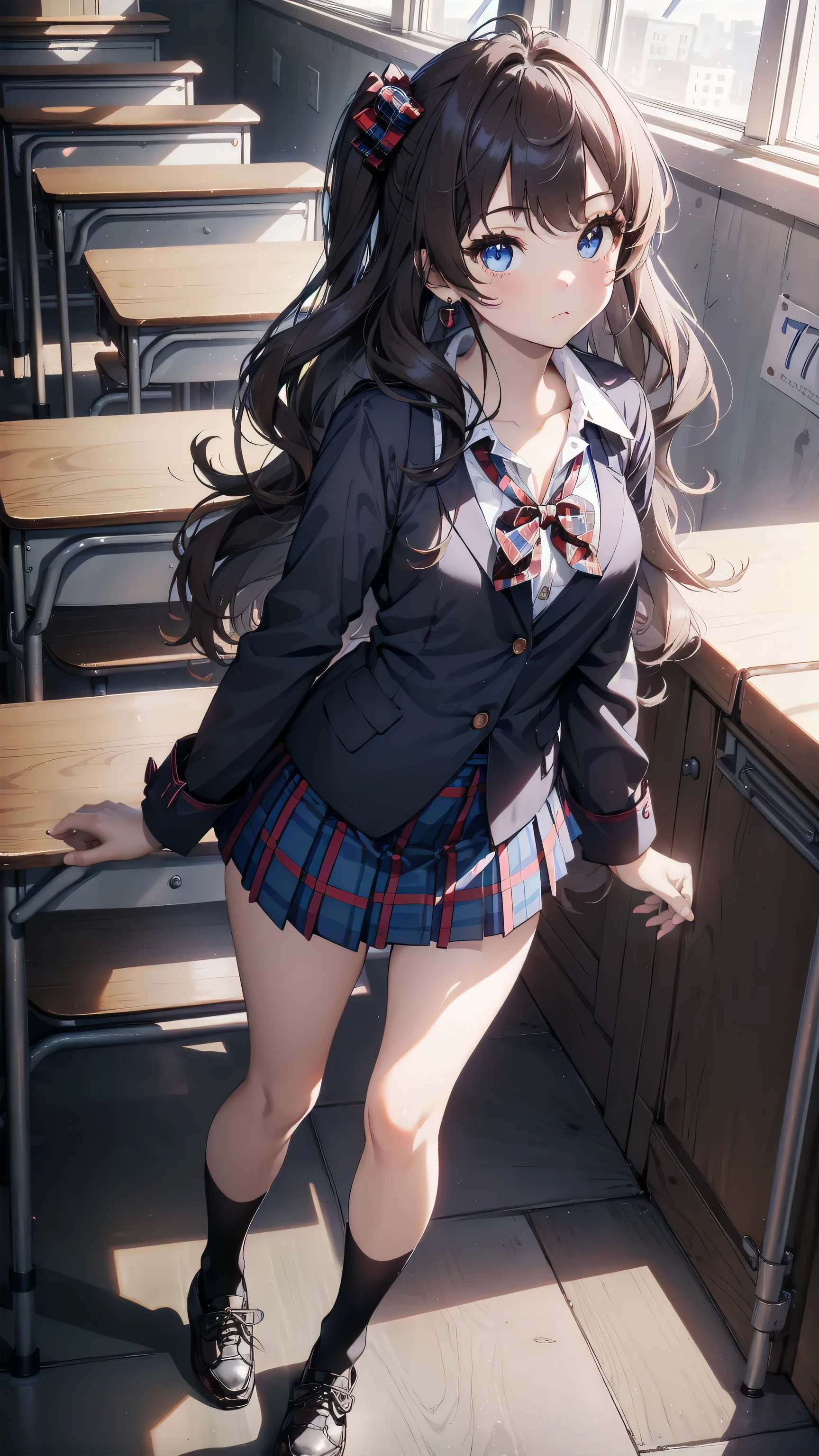 masterpiece, best quality, highres, ichinose shiki, idolmaster, long hair, two side up, hair bow, ahoge, medium breasts, earrings, school scenery background, classroom (Please draw a single one girl walking in a classroom school:1.3) ((1girl)), (Solo, face,17-year-old:2.0), a high school student. Full limbs, complete fingers, ((perfect fingers)), ((perfect hands)), medium butt, groin, perfect eyes, one american blazer uniform girl ((white blouse with formal collar, navy blue blazer, blue plaid skirt)), ((tartan, check plaid texture skirt)), ((red plaid bow on the blouse)) (Detailed Lighting), (Detailed background), (in the school zone), ((full body view)), ((standing)), ((legs)), uwabaki shoes. beautiful single girl (one girl), full body shot. Background is the school, front body ((walking, standing)), pretty eyelashes, make up, electric eyes, ((black socks)), ((black school shoes)),