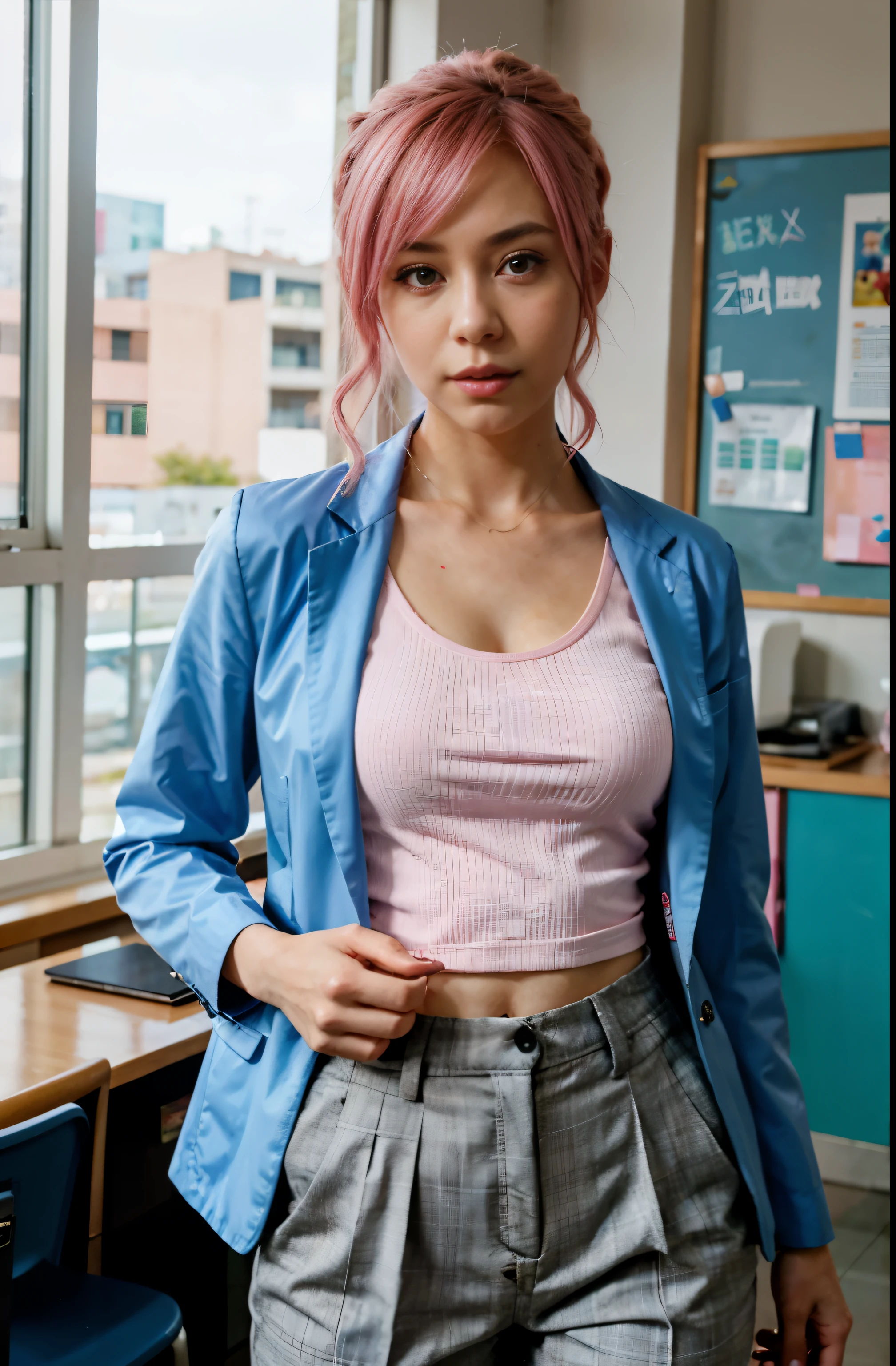 arafed woman in pink hair wearing long light blue shirt covering her waist and wearing blazer and grey pants as teacher dress and teaching in a class , ross tran 8 k, smooth pink skin, alena aenami and artgerm, some pink, seductive anime girl, 8k high quality detailed art, badass anime 8 k, photorealistic anime girl render, thicc, pink girl, beautiful alluring anime woman, 3 d anime realistic