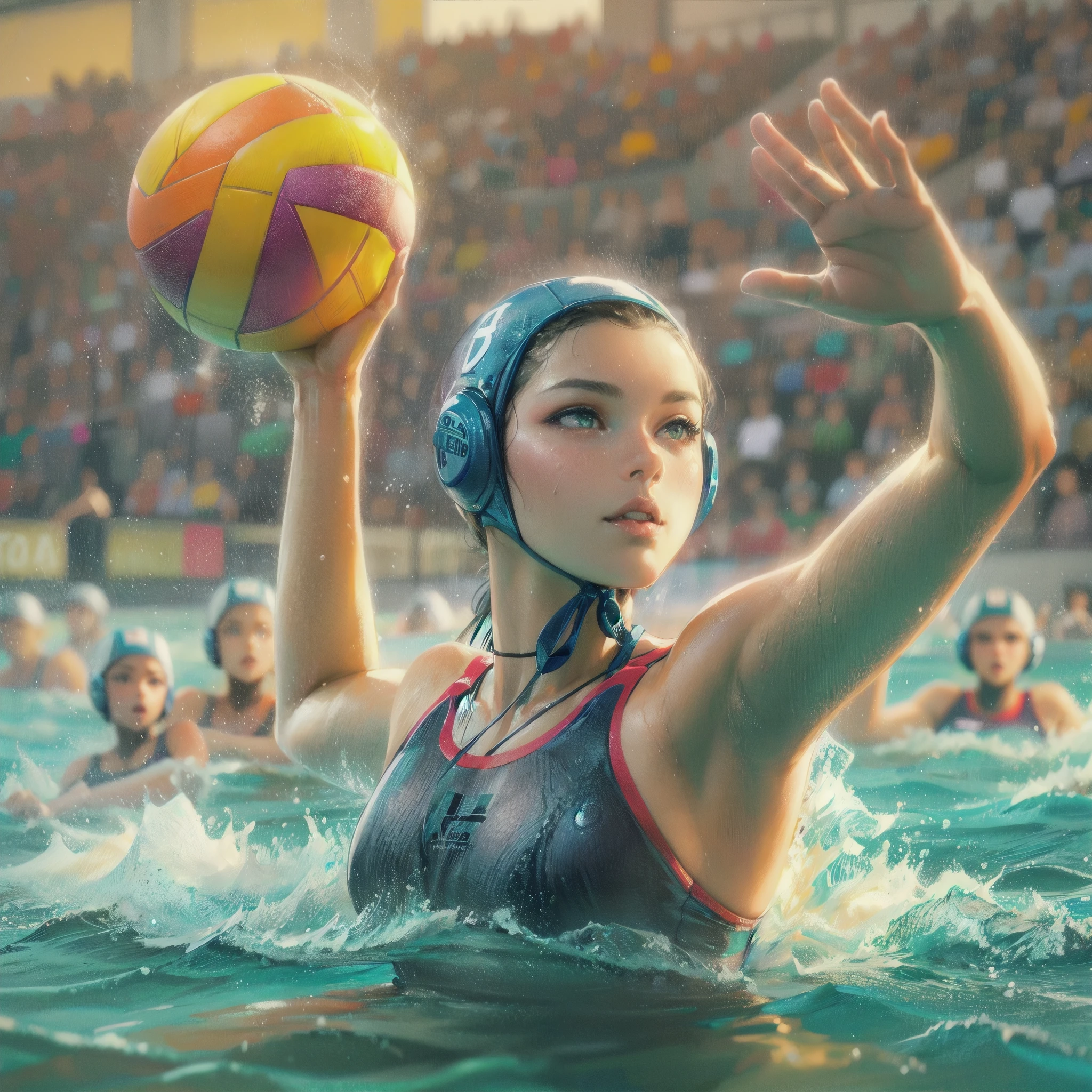 high quality,HD,16k,sharp lines,1 girl,Female water polo athlete ,cute face, large breasts, nice legs,At the water polo venue,focus girl,detailed beautiful face,detailed clothes,beautiful eyes,cool,dynamic angle
