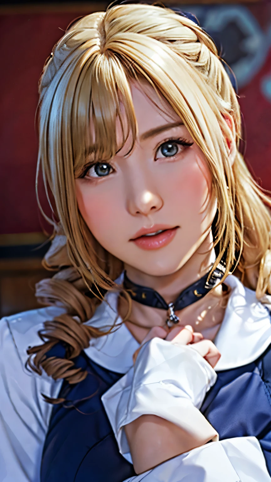 (8ก, highest quality: 1.2), very detailed, Thorough solution, (realistic, realistic photo: 1.37), portrait, High resolution RAW color photograph, arrested in the line of duty, High resolution and beautiful, High resolution, 8ก Image Wallpaper, amazing details, large file size, very detailed美少女, very detailed face, Finely defined eyes, Fine skin texture., All features are clearly displayed., The contours of the fingers are also well-shaped..., the nose has the correct shape., expressive lips, perfect anatomy, background is not blurred, one story, (20:1.2), 20th generation, pretty girl, realistic, (Vertical winding drill with long blonde hair:1.3), (blue iris), (school uniform)