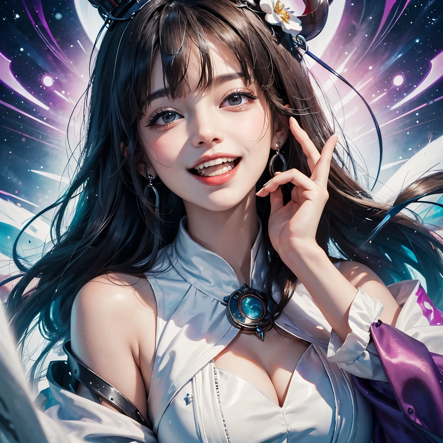 The queen, her bangs hanging open, smiling with her mouth wide open, doing strange poses.