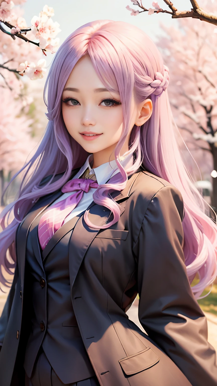 woman, formal suits in soft colors, soft colored hair、cherry blossoms吹雪、forest、cherry blossoms、smile、realistic