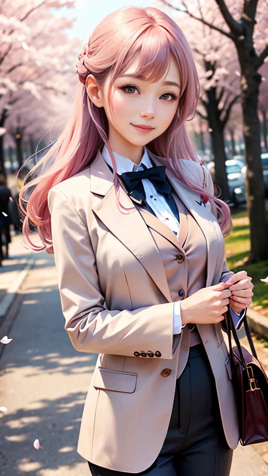 woman, formal suits in soft colors, soft colored hair、cherry blossoms吹雪、forest、cherry blossoms、smile、realistic