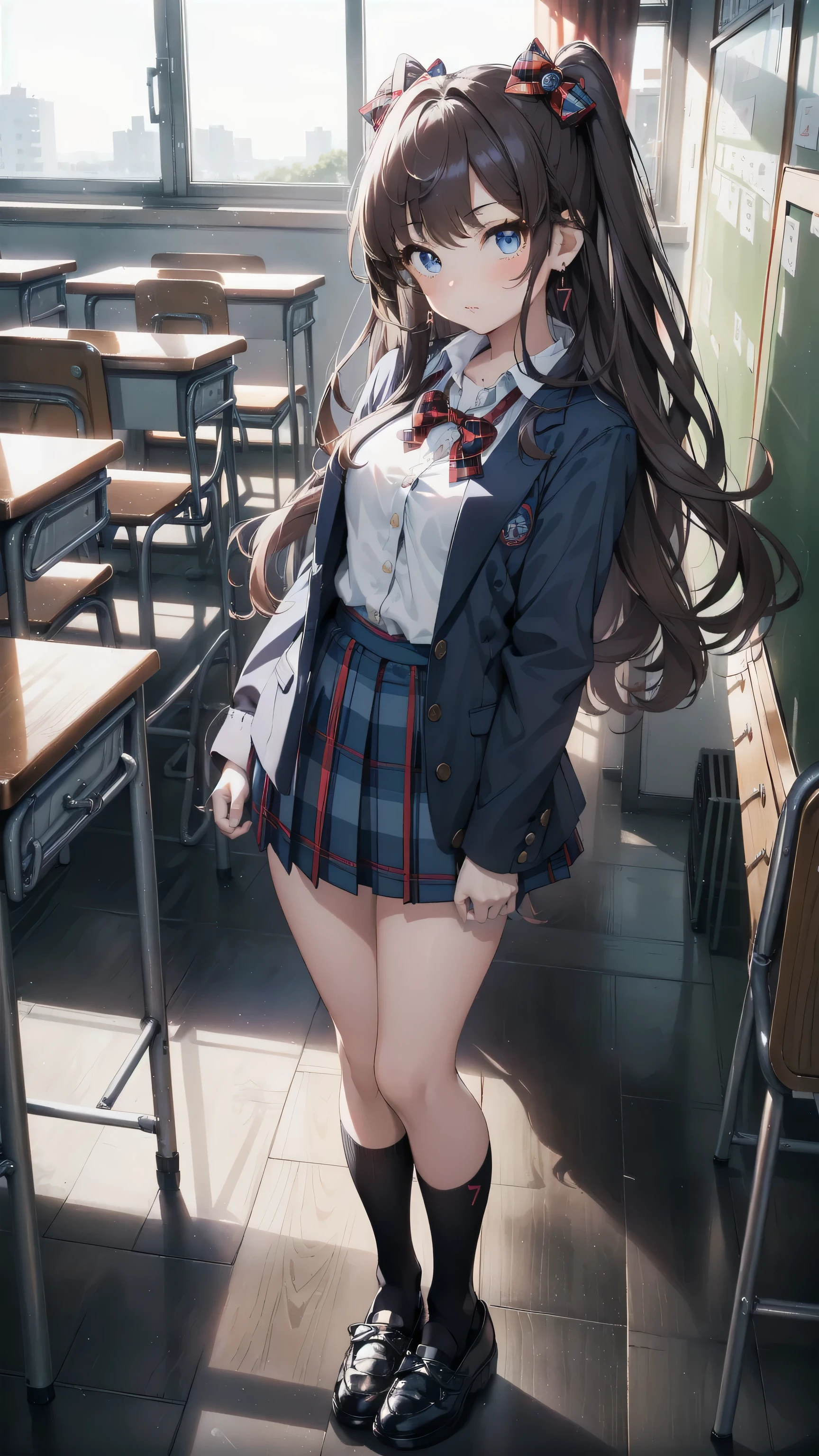 masterpiece, best quality, highres, ichinose shiki, idolmaster, long hair, two side up, hair bow, ahoge, medium breasts, earrings, school scenery background, classroom (Please draw a single one girl walking in a classroom school:1.3) ((1girl)), (Solo, face,17-year-old:2.0), a high school student. Full limbs, complete fingers, ((perfect fingers)), ((perfect hands)), medium butt, groin, perfect eyes, one american blazer uniform girl ((white blouse with formal collar, navy blue blazer, blue plaid skirt)), ((tartan, check plaid texture skirt)), ((red plaid bow on the blouse)) (Detailed Lighting), (Detailed background), (in the school zone), ((full body view)), ((standing)), ((legs)), uwabaki shoes. beautiful single girl (one girl), full body shot. Background is the school, front body ((walking, standing)), pretty eyelashes, make up, electric eyes, ((black socks)), ((black school shoes)),