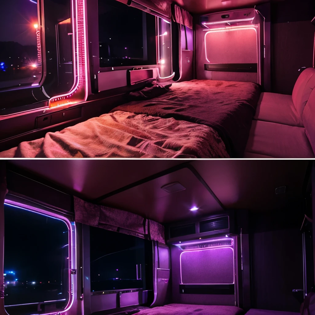 A highly detailed 18-wheeler semi truck light purple in color with red highlights all over it a matching trailer bright crumb extensive details a double bunk sleeper on the truck rolling down the highway at night with its orange neon lights illuminating the nighttime sky
