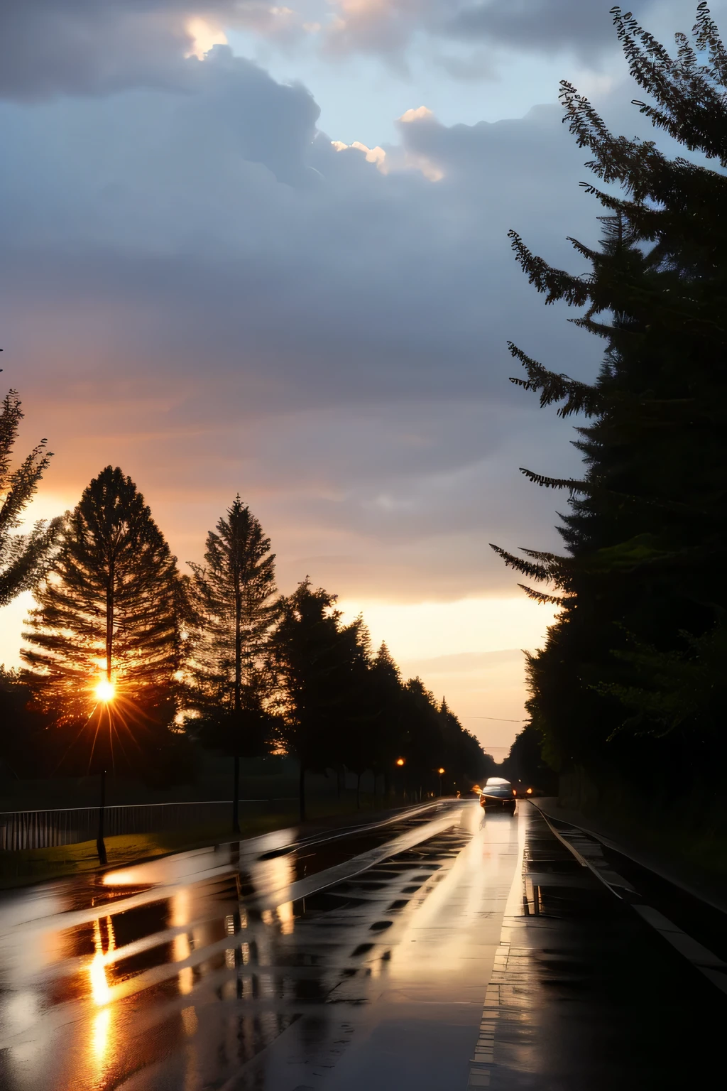 sunset, wood, street, landcapes, road rain, trees