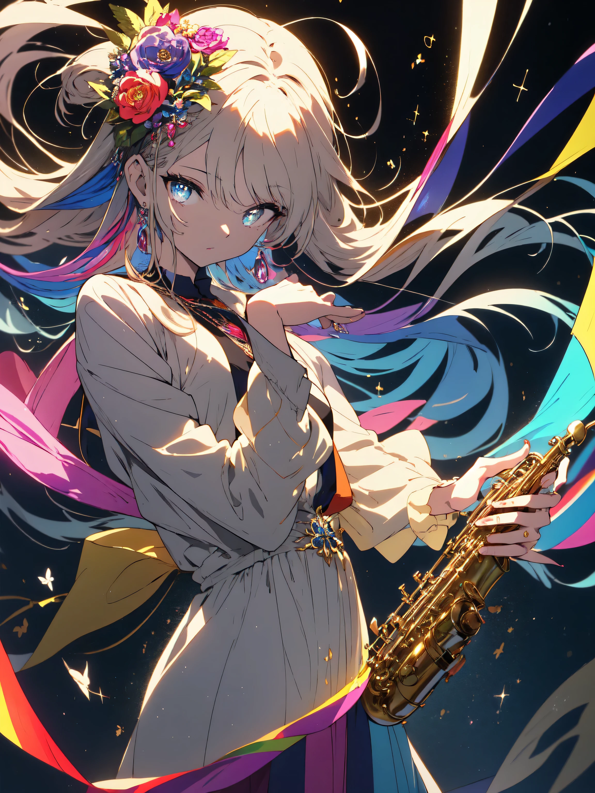 (highest quality、masterpiece、High resolution、become familiar with)、(shining eyes、become familiar with美しい顔)、(1 girl), long hair, bright hair color, enchanting eyes, mysterious expression, Adult-like atmosphere, attractive dress, flowing dress, elegant jewelry, intricate decoration, magic symbol, glowing accessories, Part one, scroll, cute accent, (Saxophone playing), ribbon, flowers,beautiful anime、Artistic、(shape)、(Iridescent notes、stave)