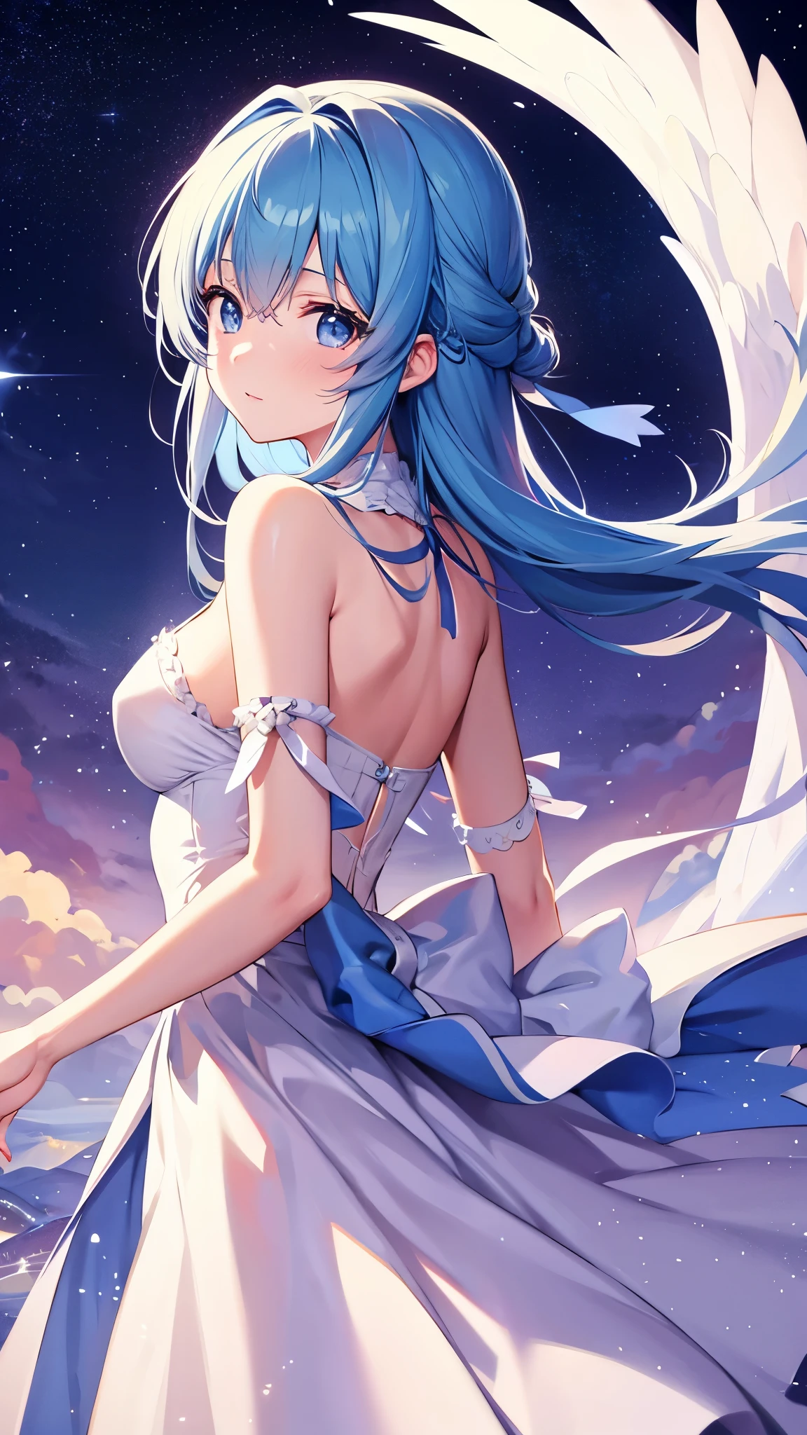 starry sky background、anime character、A cute and beautiful woman like an angel