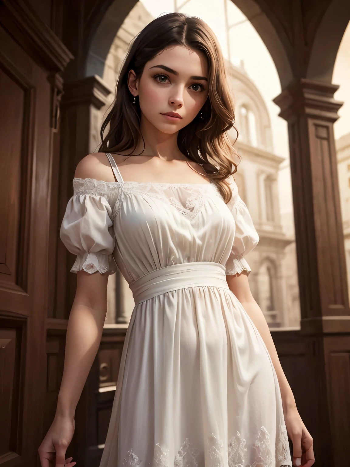 (obra maestra), (Mejor calidad), ((ultra detallado)), (Hyper realistic), (foto muy detallada), cinematic lighting, Fotorrealista, Extremely beautiful young lady in the European countryside, vestido blanco intrincado y detallado, brillante, Brillo, crujiente, coqueto, epic, enfocar, alto contraste, artistic