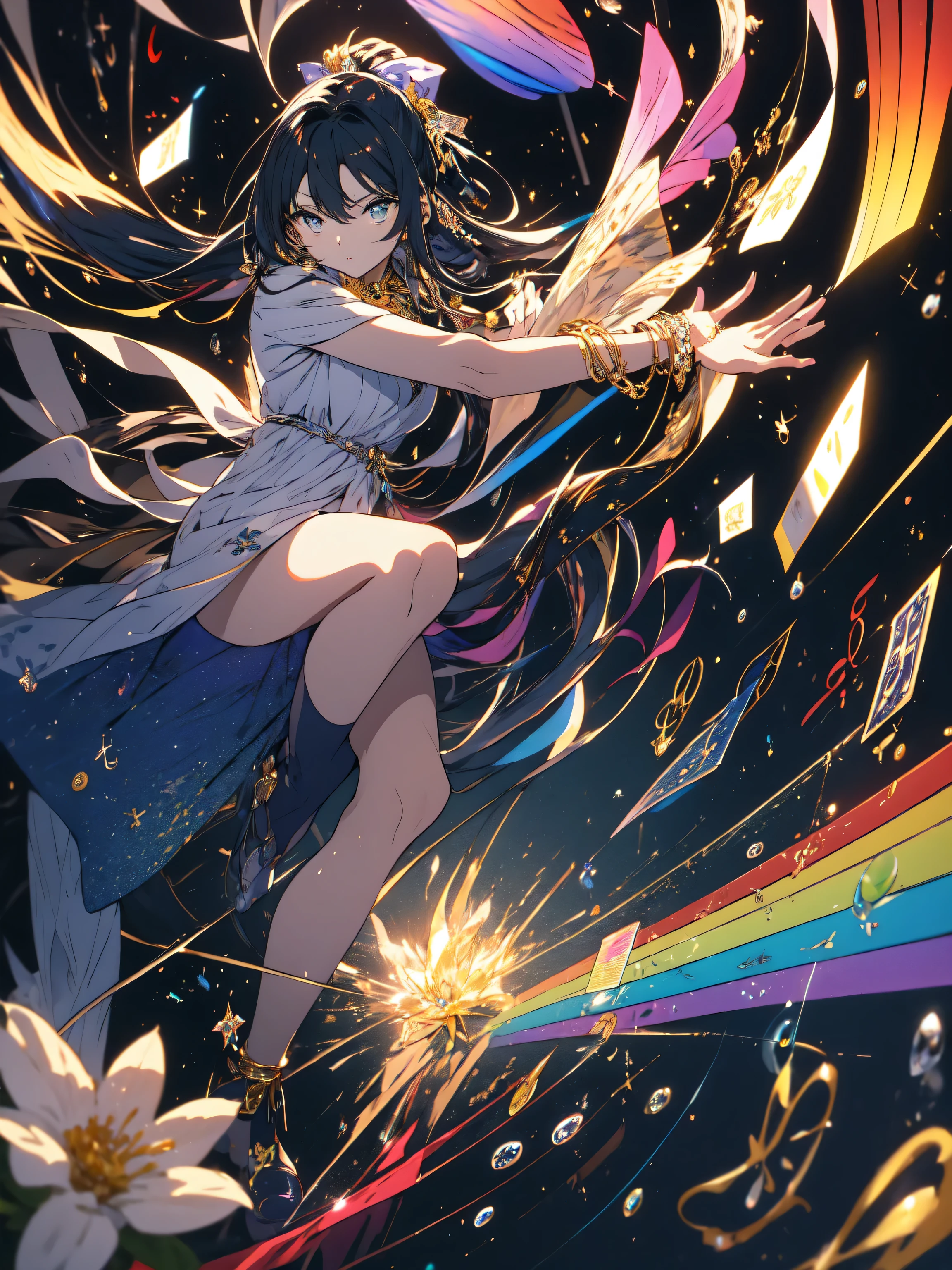 (highest quality、masterpiece、High resolution、become familiar with)、(shining eyes、become familiar with美しい顔)、(1 girl), long hair, bright hair color, enchanting eyes, mysterious expression, Adult-like atmosphere, attractive dress, flowing dress, elegant jewelry, intricate decoration, magic symbol, glowing accessories, Part one, scroll, cute accent, (Saxophone playing), ribbon, flowers,beautiful anime、Artistic、(shape)、(Iridescent notes、stave)