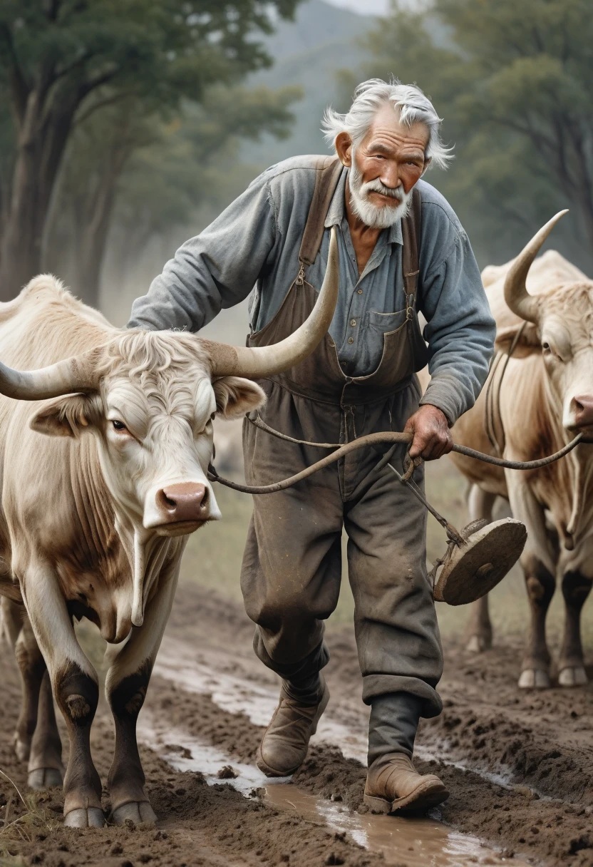 (a detailed painting of) a country man plowing the land with a yoke of oxen, (wearing) old clothes, (showcasing) extremely detailed features of an old man with silver-white hair (and a weathered face), (with the highest quality and resolution of) 8k.