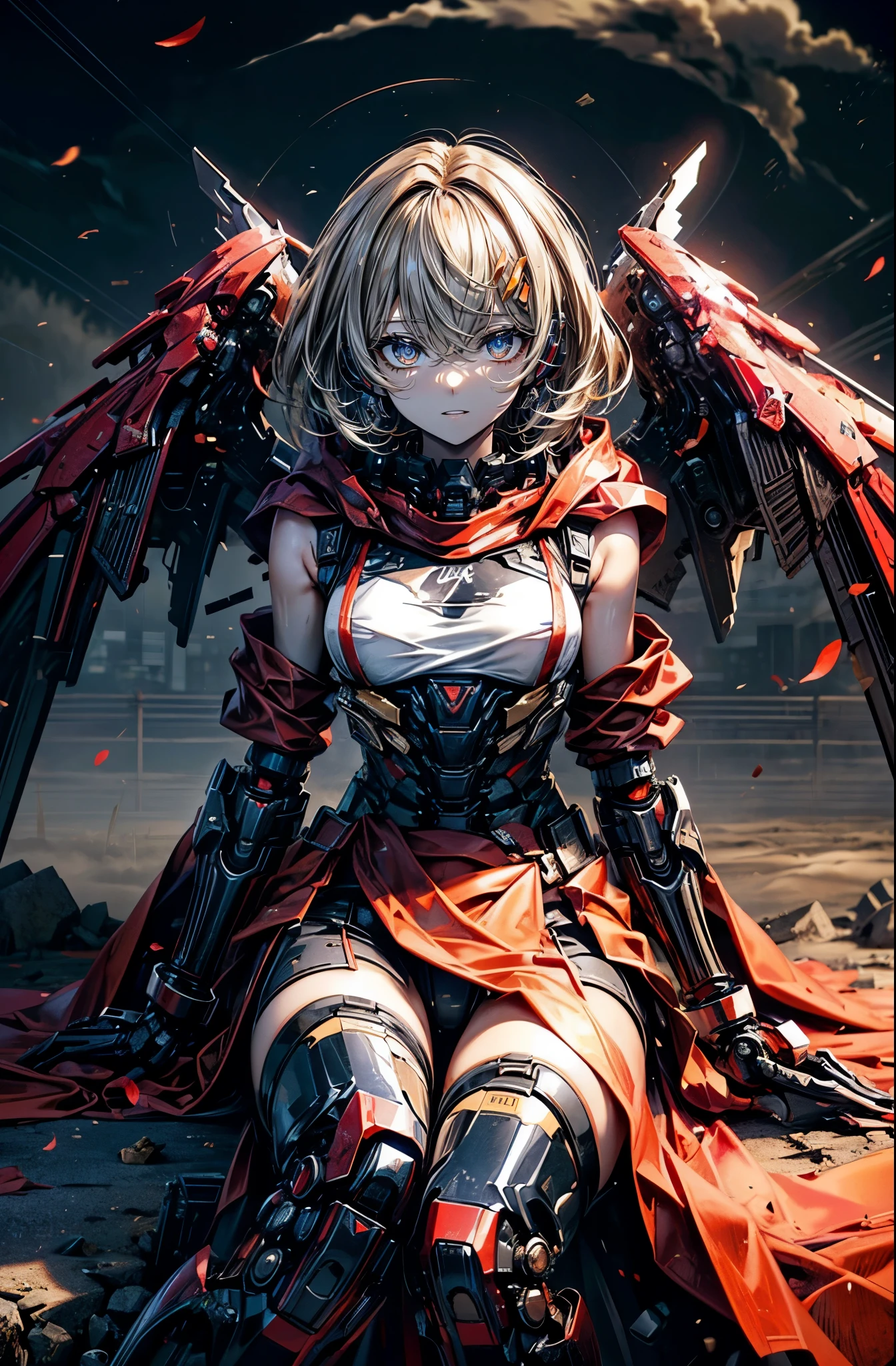 hyper quality、8K quality、High resolution、Image quality taken with a single-lens reflex camera、(SFW)、(face is not red、Don't be shy、don't blush:2.0)perfect anatomy、(red theme)tragic mecha girl、20 year old beautiful girl with medium blonde hair.orange eyes(No expression:1.5)(Good shape and normal breasts)、Glossy black mechanical parts with a three-dimensional feel、(exposed thighs:1.2)(Mechanical unit with one wing on the back、Wings on one side only)、BREAK(Deep red ROCK style long coat costume、wearing a hood:1.3)(Mechanical parts below the elbow and below the knee:1.3)BREAK、(perfect anatomy:1.4)(sitting:1.2)BREAK(On the destroyed rubble and sand、Sunny skies and some clouds)(A gust of wind and a sandstorm occur:1.5)