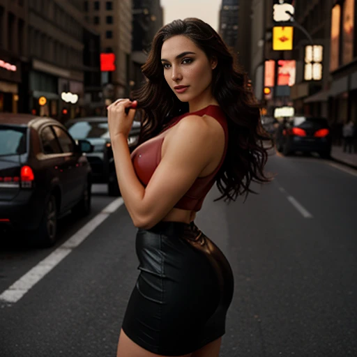 A woman CROPPED red tight and transparent,red bodycon tight pencil style skirt for a sensual photo, Focus on the front part, becomes a curvy physique, Gal Gadot in shape toned, thick, thick thieves, Gal Gadot in shape , fit woman, fitness model, muscular Thighs, Physical fitness, Thighs! toned body, giant breasts, ebony skin tone, long wavy hair, giantess woman, thin body, leaning against a lamppost, on a New York avenue,Cinematic,excellent lighting
