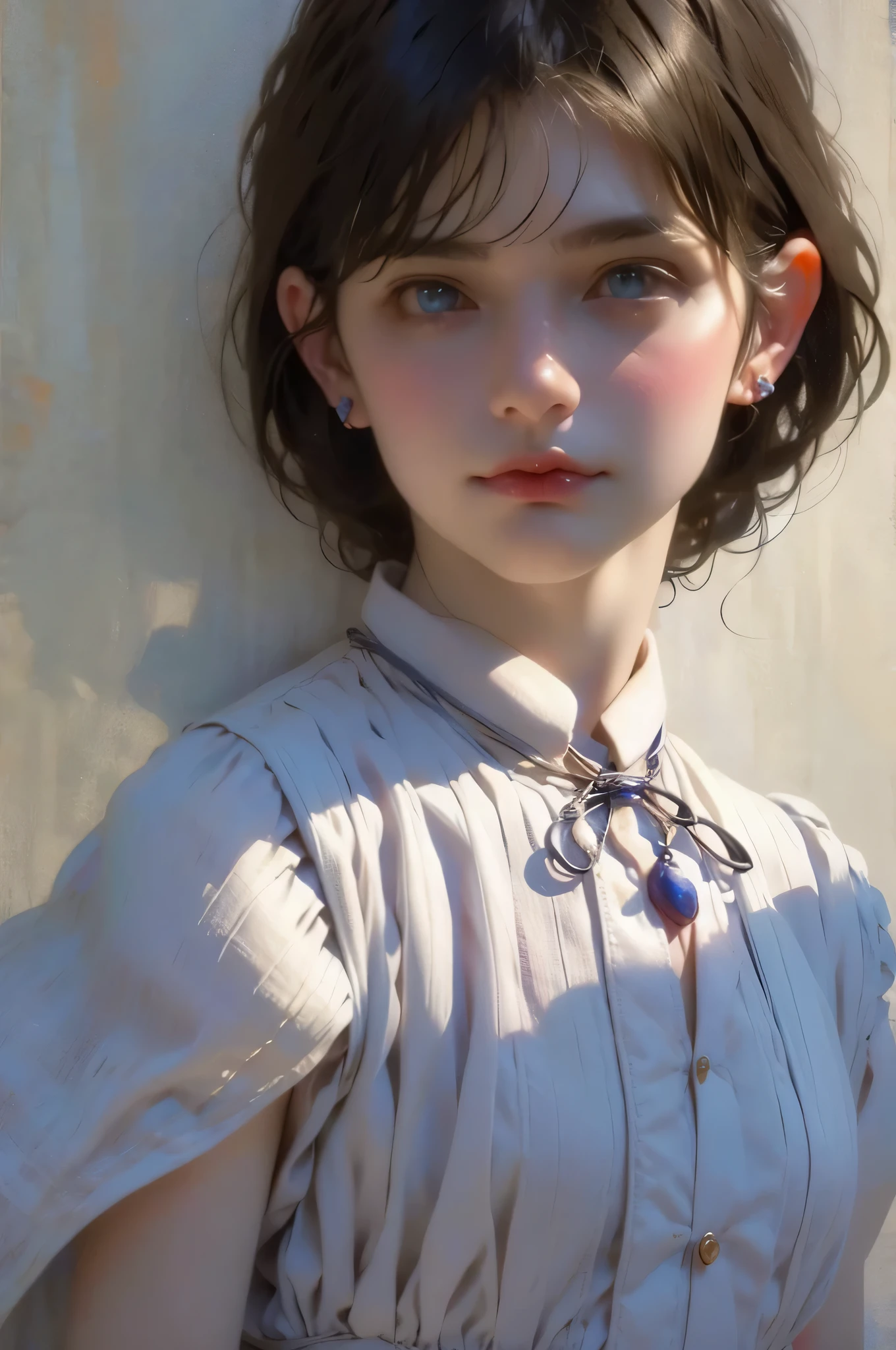 (front focus), oil portrait of female, white dress, dynamic lighting, artstation, poster, volumetric lighting, 4 k, 1girl, deep shadow, low key, (official clothing:1.4), long hair, white hair, impressionism, large brush strokes