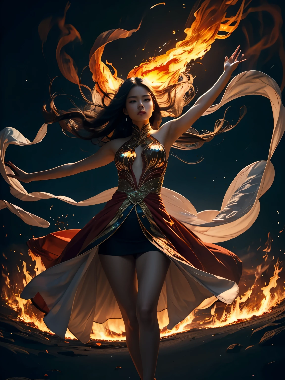 A beautiful Taiwanese girl is here, her long hair seems to be involved in the rotating movement, adding to the dynamic feeling of the image. The background is blurry, and surreal elements like floating flames hint at her thermokinetic abilities, creating an ethereal atmosphere around her. How it was created: high-speed photography, dynamic poses, vivid clothing details, motion blur, surreal fire effects