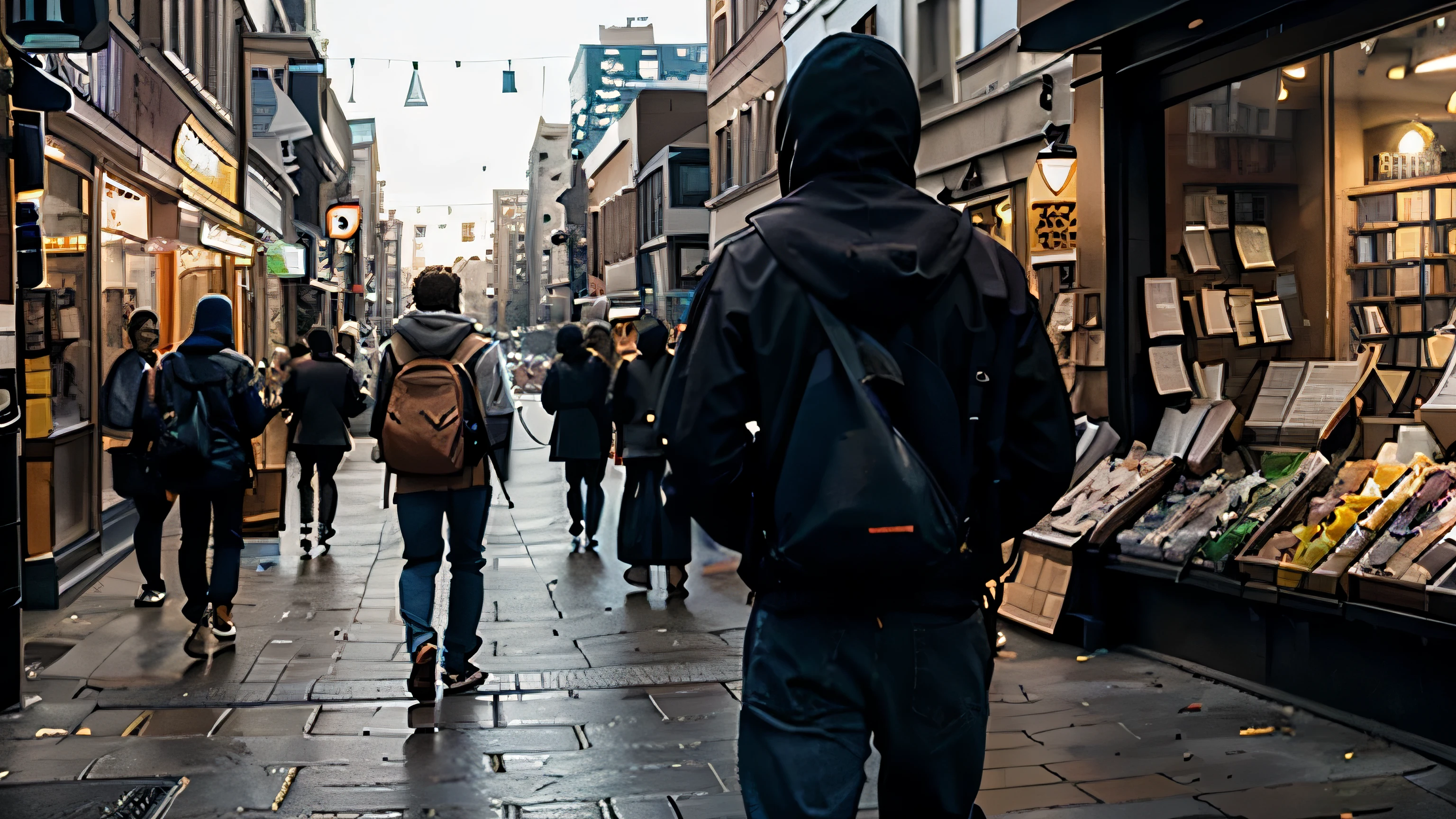 Color high-resolution street photograph of Man seen from the back from the knees walking down a busy street. Man holds a book in his hand and is wearing a hooded jacket. in the cityscape in the background are people watching.
