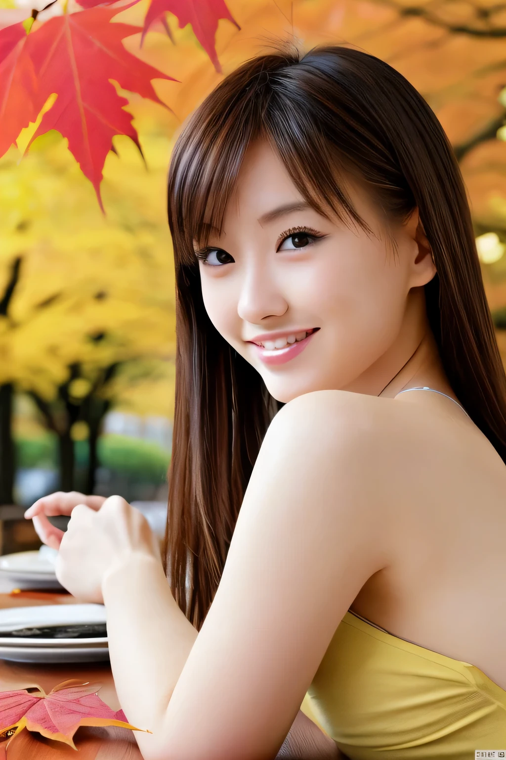 table top, highest quality, shape, Super detailed, finely, High resolution, 8k wallpaper,Japanese、 完璧なダイナミックな構shape, finelyてbeautiful目, sharp，autumn ladies fashion,sex appeal，wavy hair,、natural color lip, bold sexy pose,smile,Harajuku、20 year old girl、beautiful、sexy shot looking at camera