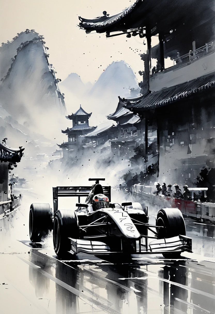A combination of Chinese ink and wash painting and F1 racing by Wu Guanzhong. Use (best quality, perfect masterpiece, Representative work, official art, Professional, high details, Ultra intricate detailed:1.3) to ensure the highest quality. The artwork should showcase the dynamic energy of F1 racing while maintaining the classical style of Chinese ink and wash painting. Pay attention to the brushwork and create a sense of speed and movement on the canvas. The composition should include F1 cars racing on a track, capturing the excitement and intensity of the sport. Use bold and expressive brushstrokes to depict the sleek and aerodynamic forms of the cars. The contrast between light and dark should be skillfully used to create depth and atmosphere. Incorporate traditional Chinese landscape elements such as mountains, rivers, and trees in the background to add a touch of elegance and tranquility. Use a limited color palette, focusing on shades of black, gray, and white, to maintain the traditional ink and wash aesthetic. The lighting should be dynamic, with highlights and shadows adding drama and dimension to the scene. Finally, add intricate details to every aspect of the artwork, from the cars to the surroundings, to showcase the artist's craftsmanship and attention to detail.