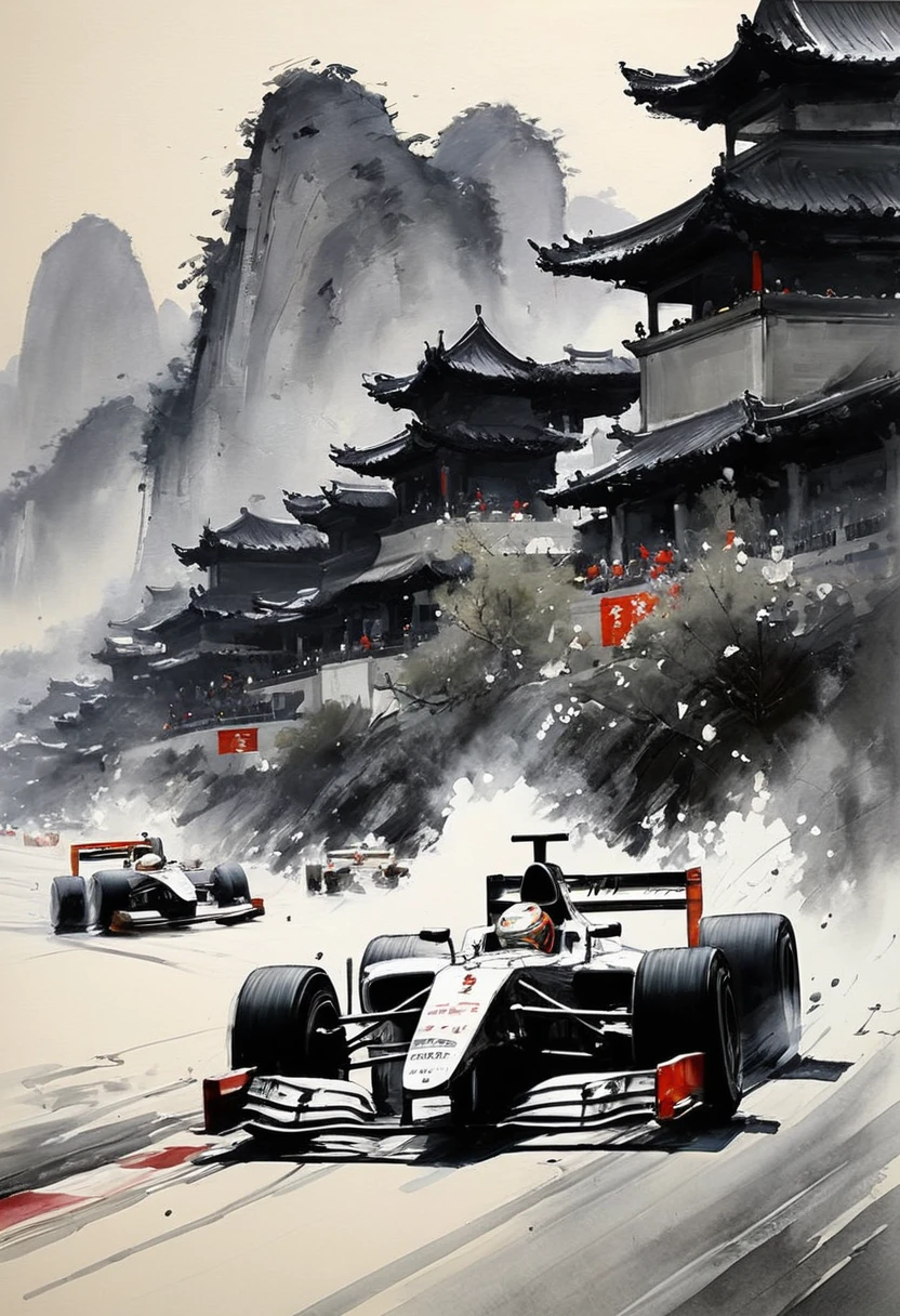 A combination of Chinese ink and wash painting and F1 racing by Wu Guanzhong. Use (best quality, perfect masterpiece, Representative work, official art, Professional, high details, Ultra intricate detailed:1.3) to ensure the highest quality. The artwork should showcase the dynamic energy of F1 racing while maintaining the classical style of Chinese ink and wash painting. Pay attention to the brushwork and create a sense of speed and movement on the canvas. The composition should include F1 cars racing on a track, capturing the excitement and intensity of the sport. Use bold and expressive brushstrokes to depict the sleek and aerodynamic forms of the cars. The contrast between light and dark should be skillfully used to create depth and atmosphere. Incorporate traditional Chinese landscape elements such as mountains, rivers, and trees in the background to add a touch of elegance and tranquility. Use a limited color palette, focusing on shades of black, gray, and white, to maintain the traditional ink and wash aesthetic. The lighting should be dynamic, with highlights and shadows adding drama and dimension to the scene. Finally, add intricate details to every aspect of the artwork, from the cars to the surroundings, to showcase the artist's craftsmanship and attention to detail.