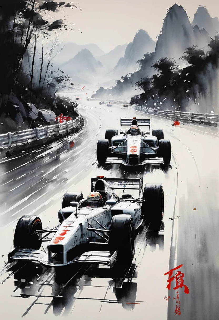 A combination of Chinese ink and wash painting and F1 racing by Wu Guanzhong. Use (best quality, perfect masterpiece, Representative work, official art, Professional, high details, Ultra intricate detailed:1.3) to ensure the highest quality. The artwork should showcase the dynamic energy of F1 racing while maintaining the classical style of Chinese ink and wash painting. Pay attention to the brushwork and create a sense of speed and movement on the canvas. The composition should include F1 cars racing on a track, capturing the excitement and intensity of the sport. Use bold and expressive brushstrokes to depict the sleek and aerodynamic forms of the cars. The contrast between light and dark should be skillfully used to create depth and atmosphere. Incorporate traditional Chinese landscape elements such as mountains, rivers, and trees in the background to add a touch of elegance and tranquility. Use a limited color palette, focusing on shades of black, gray, and white, to maintain the traditional ink and wash aesthetic. The lighting should be dynamic, with highlights and shadows adding drama and dimension to the scene. Finally, add intricate details to every aspect of the artwork, from the cars to the surroundings, to showcase the artist's craftsmanship and attention to detail.