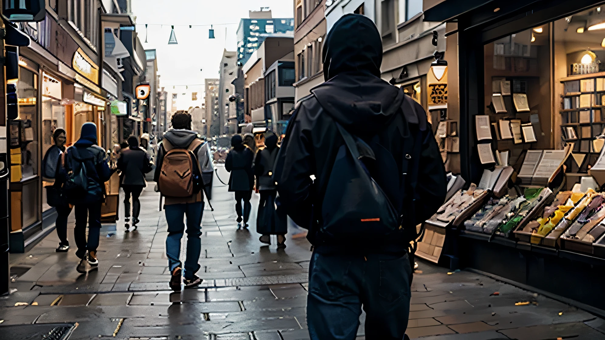 Color high-resolution street photograph of Man seen from the back from the knees walking down a busy street. Man holds a book in his hand and is wearing a hooded jacket. in the cityscape in the background are people watching.