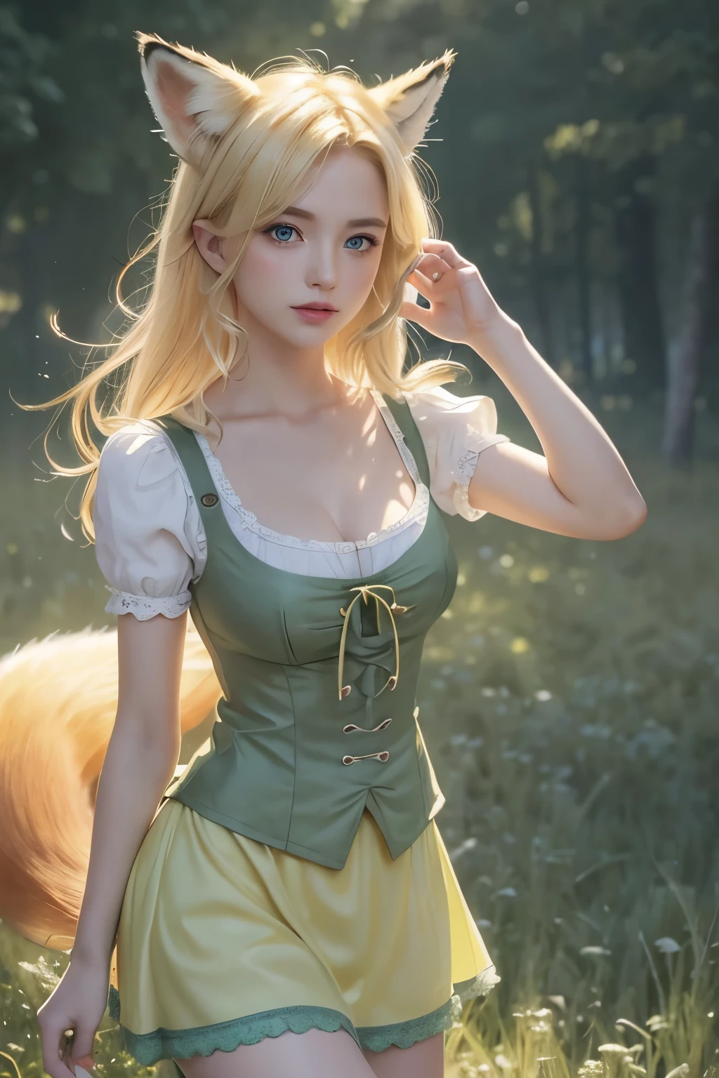 ((Masterpiece)), ((High resolution)), ((Fine detail)), (High-definition CG), high contrast, HDR, (official art), ((volumetric lighting:1.3)), (Backlight:1.1), (glowing:1.2), ((watercolor)), (pale color:1.0), (illustration:1.3), ((pastel:1.1)), (colorful:1.3), (many colors:1.3), (high high quality original art by inchacomusho), blue sky, solo, girl, (fox girl), (beautiful face), (soft smile), long blonde hair, (fox eyes: 1.1), (blonde eyes: 1.3), (middle bust), (green dirndl), dynamic pose, fox ears, animal downy ears, blonde fox tail, background colorful meadow