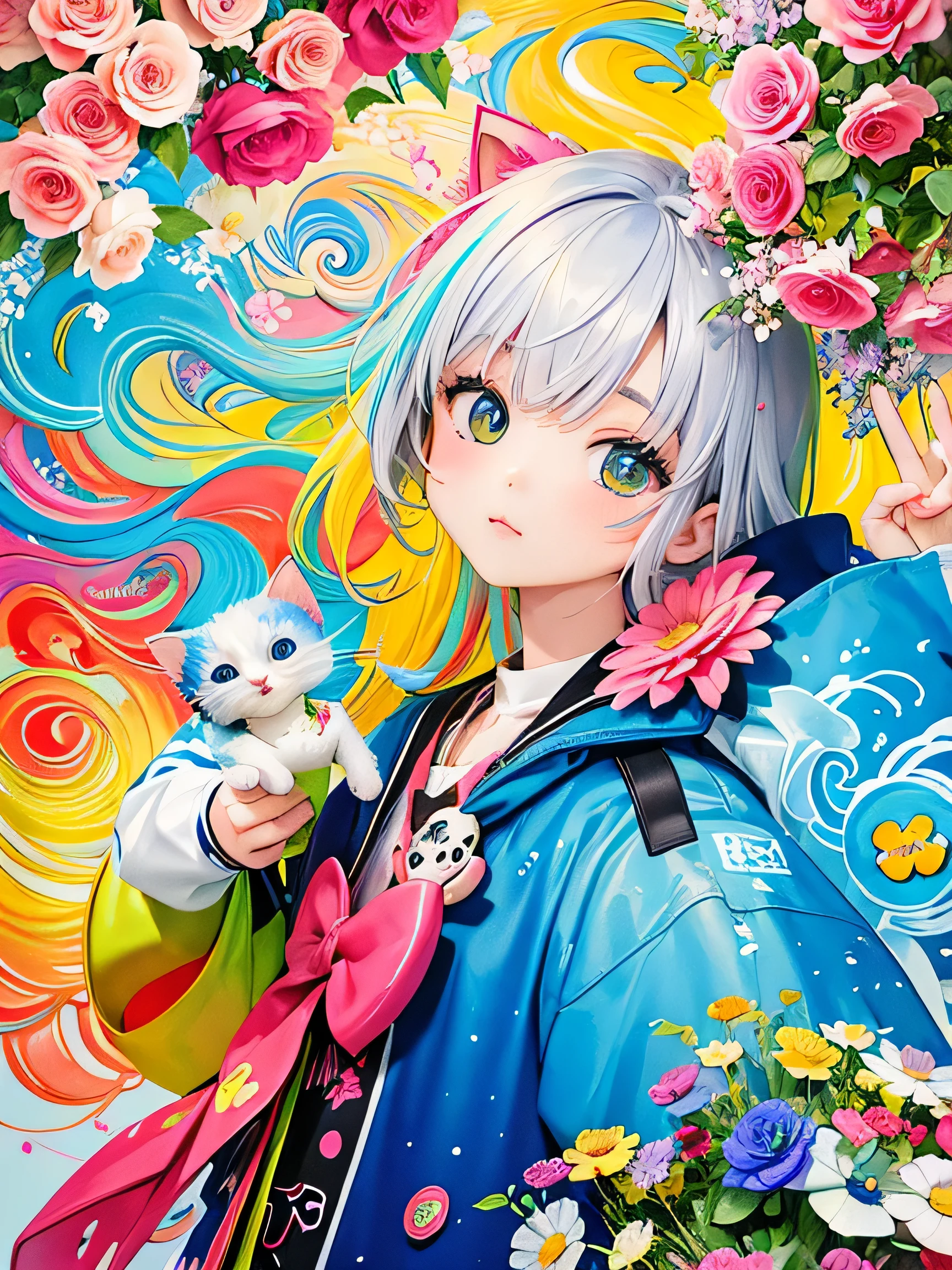 8K quality, Takashi murakami&#39;illustration of, intense watercolor, watercolor detailed art, watercolor splash, surreal, avant-garde pop art, Beautiful and expressive paintings, 美しいアートワークillustration of, very colorful tones, wonderful, cool beauty, highest quality,official art, vector art,stylish design, (((1 cute kitten))), (((highest quality))), HDR, ((Detailed details)), (((graffiti art))), ((masterpiece))、((Super detailed))、(((colorful flowers)))、(((Streets of New York)))