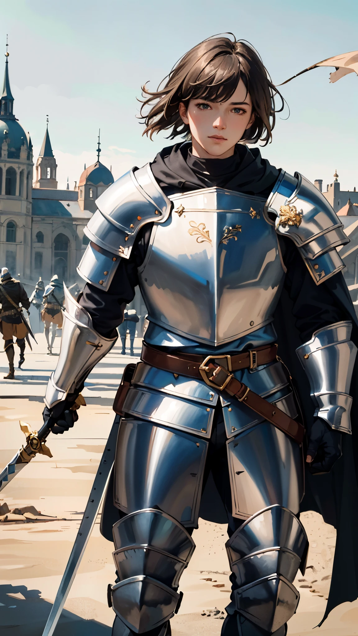 (highest quality,4k,8k,highres,masterpiece:1.2),ultra-detailed,realistic,portrait,sharp focus,physically-based rendering,professional,medieval knight,holy paladin,young male knight,detail-oriented armor,exhausted warrior,cape,battlefield ambiance,glowing sword,vibrant colors,soft sunlight,subtle shadows, action pose, armor in blood