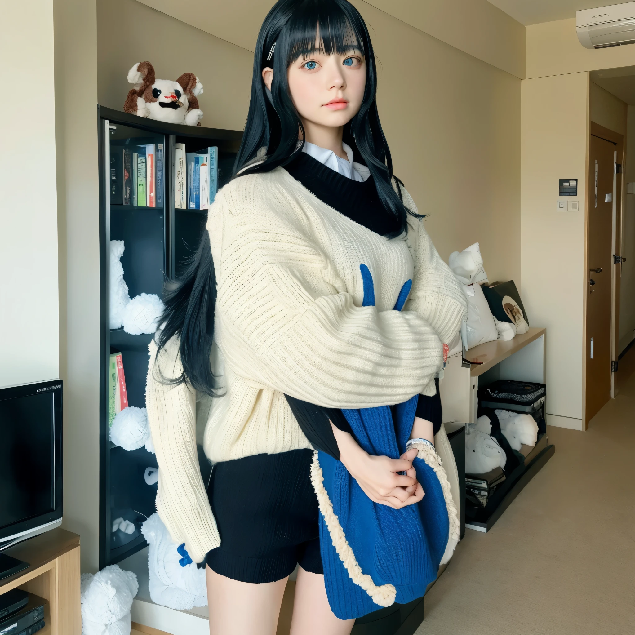 Girl, black hair, blue eyes, wearing a cream sweater, shorts, holding a rather large anime doll, with a room theme