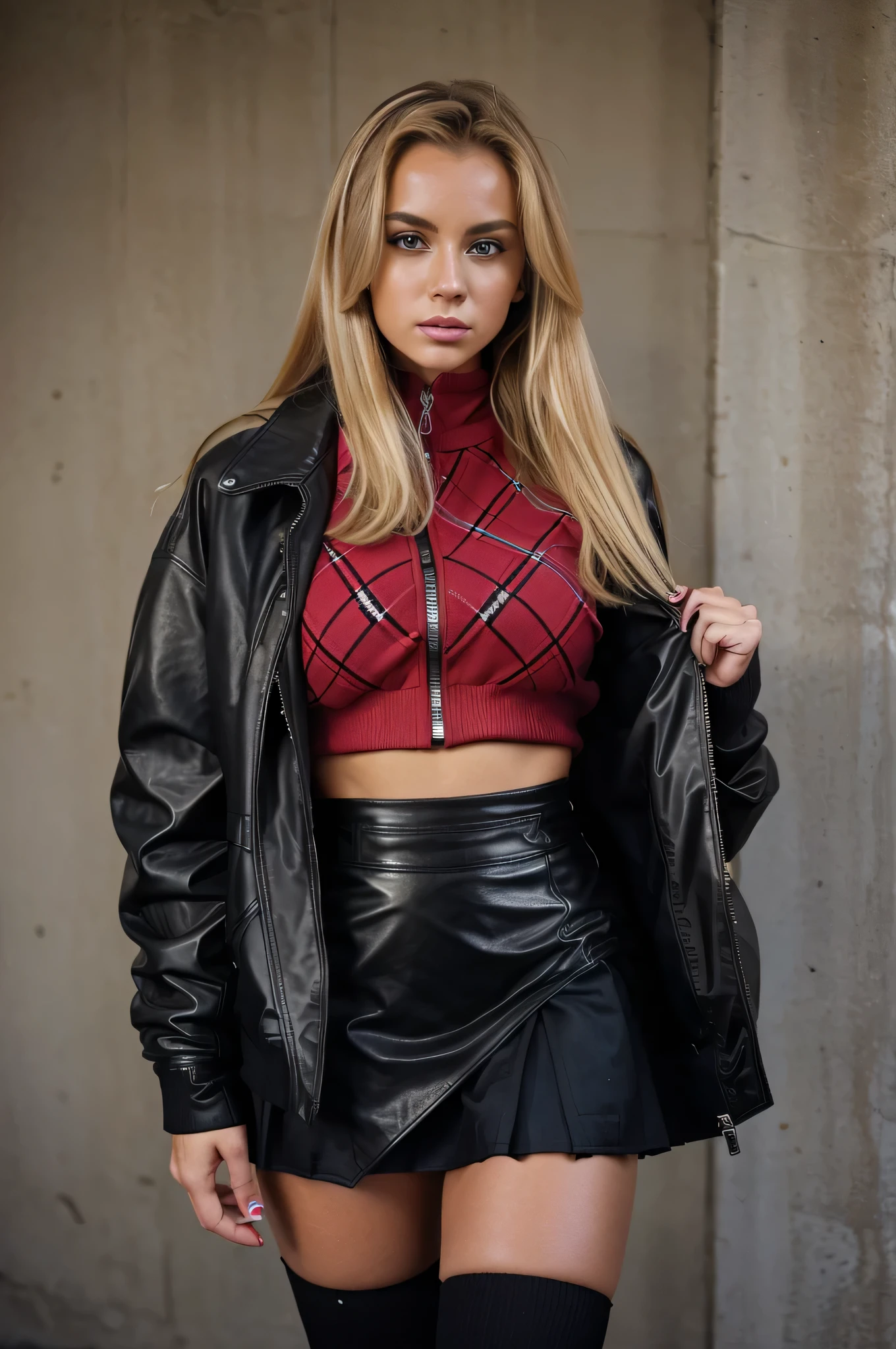 woman (busty, blonde) in a red argyle sweater and black skirt, y 2 k style, y2k style, 90s style, wearing jacket and skirt, preppy style, leather clothes, modern fashion outfit, short skirt and a long jacket, cropped shirt with jacket, clothes in the style of 1 9 9 0, she is wearing streetwear, wearing leather