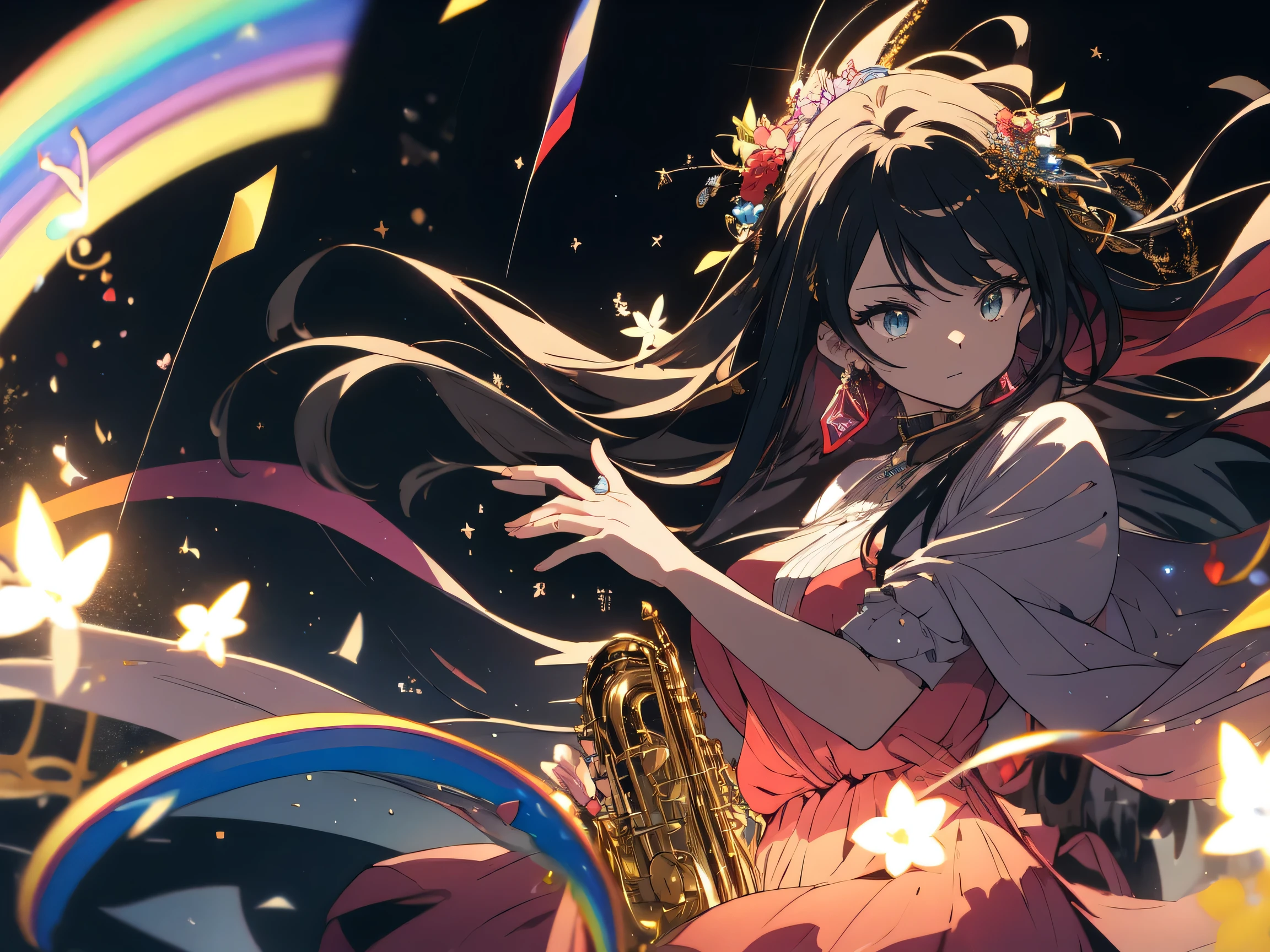 (highest quality、masterpiece、High resolution、become familiar with)、(shining eyes、become familiar with美しい顔)、(1 girl), long hair, bright hair color, enchanting eyes, mysterious expression, Adult-like atmosphere, attractive dress, flowing dress, elegant jewelry, intricate decoration, magic symbol, glowing accessories, Part one, scroll, cute accent, (Saxophone playing), ribbon, flowers,beautiful anime、Artistic、(shape)、(Iridescent notes、stave)