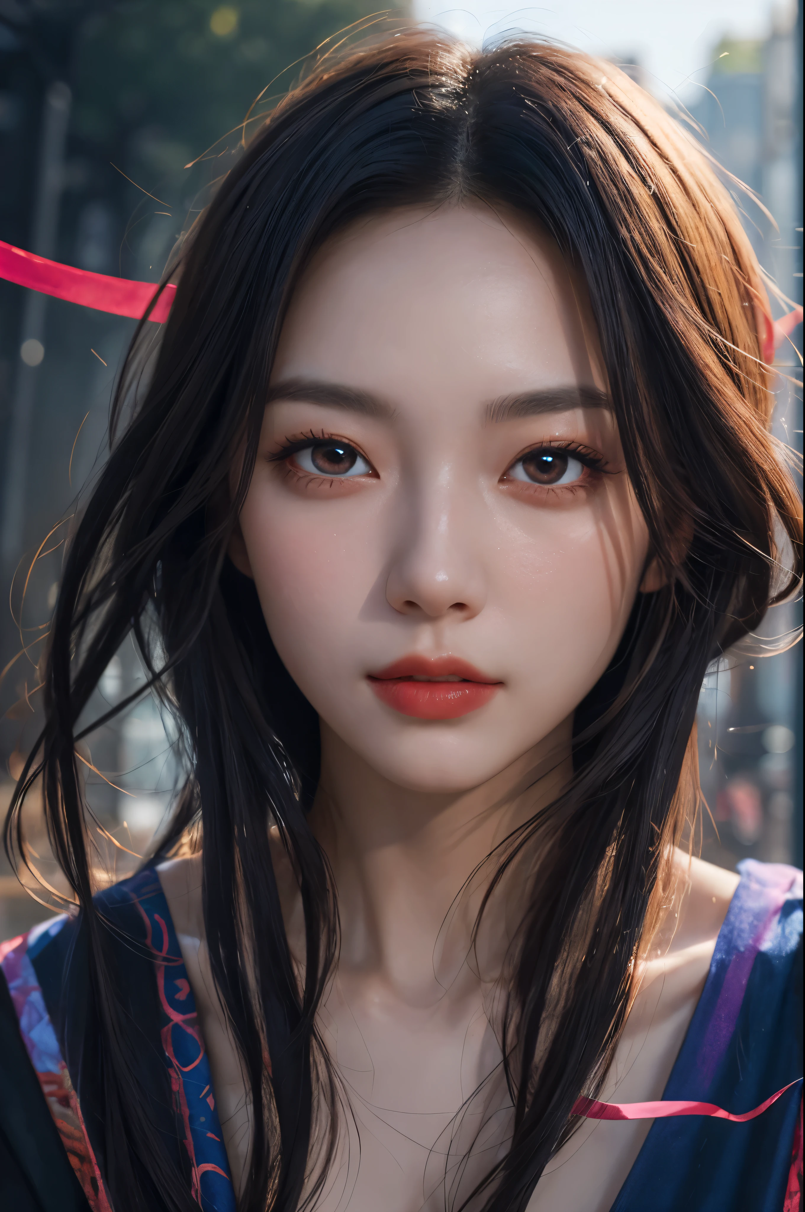 Chinese woman, face close-up, soaring female figure made of ribbons, smoke, in the sky, colorful and bright, mystical colors, modern impressionism, portraiture Yanjun Cheng, iridescent painting, 3/4 perspective view, cute face, low angle, wide swirling composition, big beautiful crystal eyes, large iris, big breasts, UHD, HDR, 8K, (Masterpiece: 1. 5), (World's most beautiful portrait: 1.5)