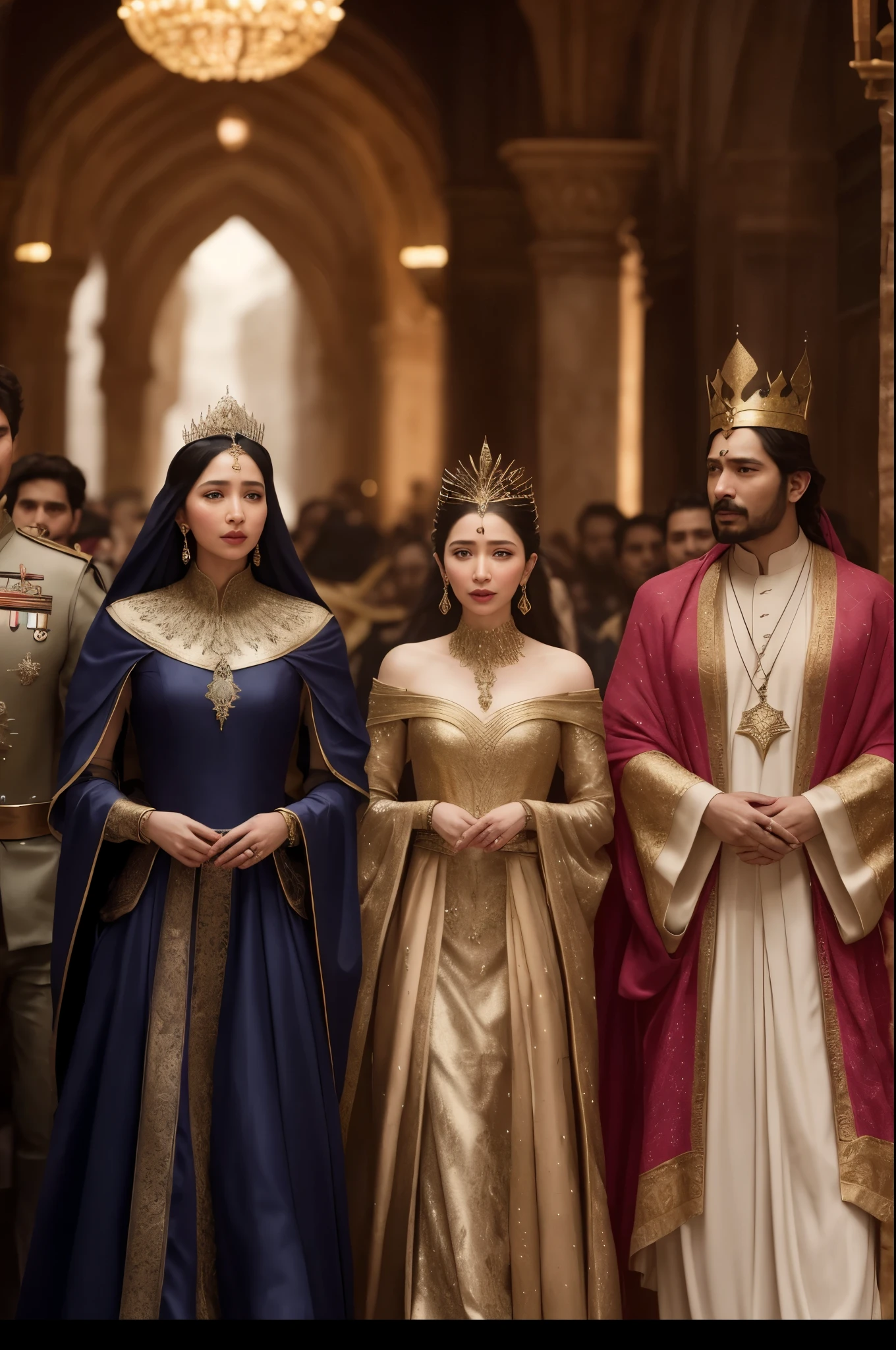 A group of fantasized people in line, Mahira Khan as the enchantress in an advertisement for a fantasy film, still from the movie, celebrating a king's coronation, scene where she is in Rivendell, Mahira Khan as the enchantress, in dark robes adorned with golden details, in the screenshot of the film 300, Beyonce as the pope, Cate Blanchett as the medieval queen,
(A captivating assembly of individuals in line, Mahira Khan, the sorceress, as featured in an advertisement for an enchanting fantasy film, captured during the splendid scene of a monarch's coron