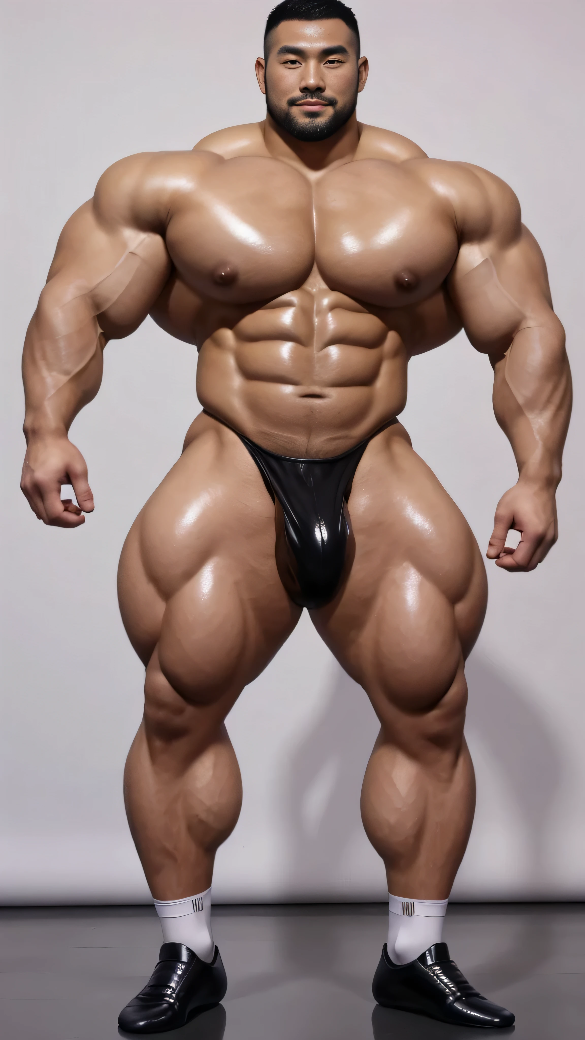 a chinese bodybuilder,30 years old,Tall and handsome, Toned body,short hair, O-shaped beard,Perfect body, Dark and shiny complexion,smooth skin,The body is hairless,Muscle bulge, muscular, Very big pecs,Very sexy abs,Leg muscles are very developed,Huge bumpy area,Brighten oily skin,Wearing a gold leather shiny thong,handsome face, Correct and accurate male body proportions, full-body shot, shiny muscular skin,wear white socks,standing in front of gray background board。