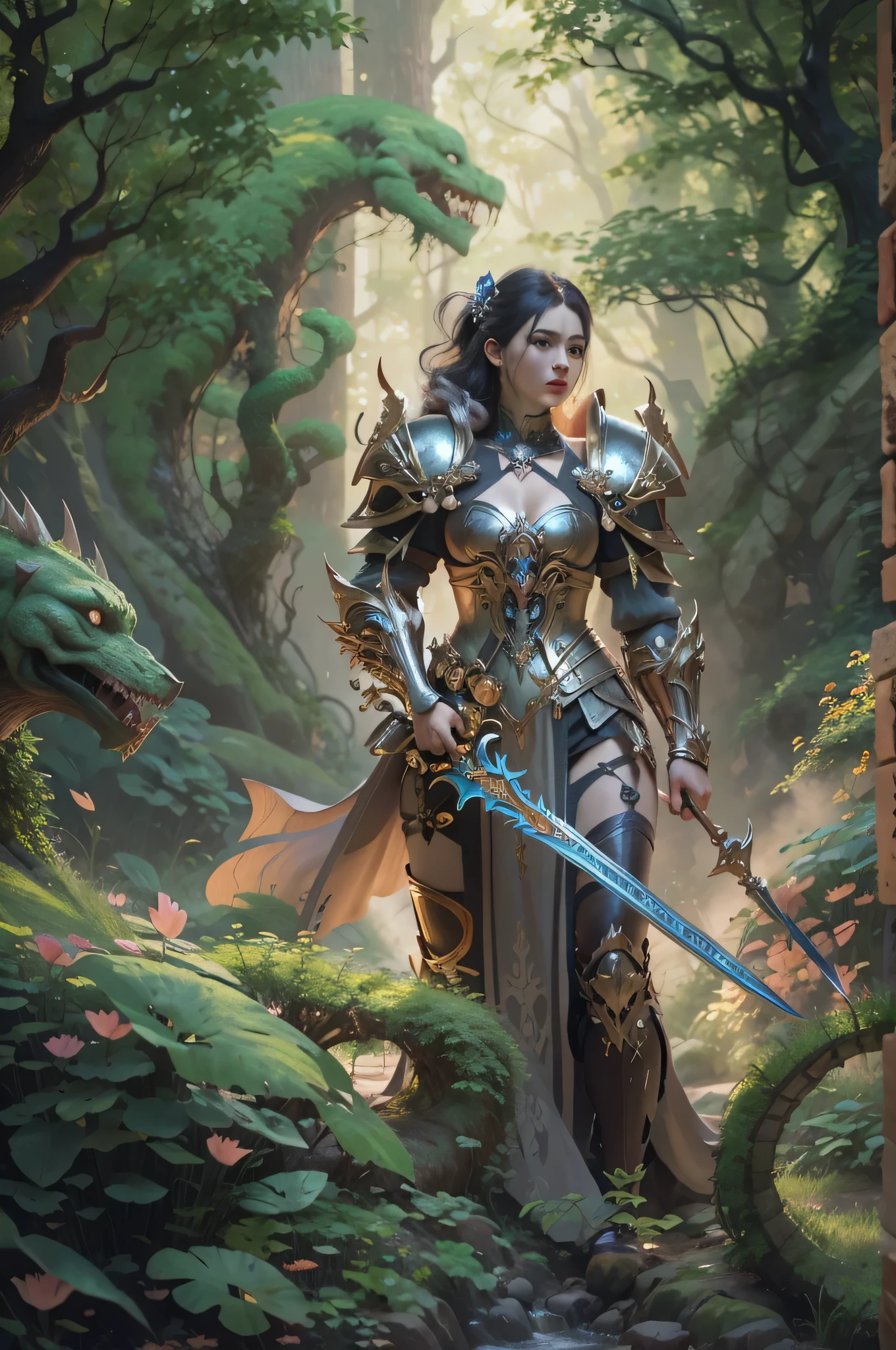 cavaleiro, princesa guerreira segurando armas fairypunk, tela preta, estilo de Guillem H. pongiluppi, Abigail Larson, paisagens sinistras, John Sloane, cinza claro e rosa, energy-filled illustrations, muito detalhado, 900bpi, 100mb with a dragon, golden armor and some trees in the background