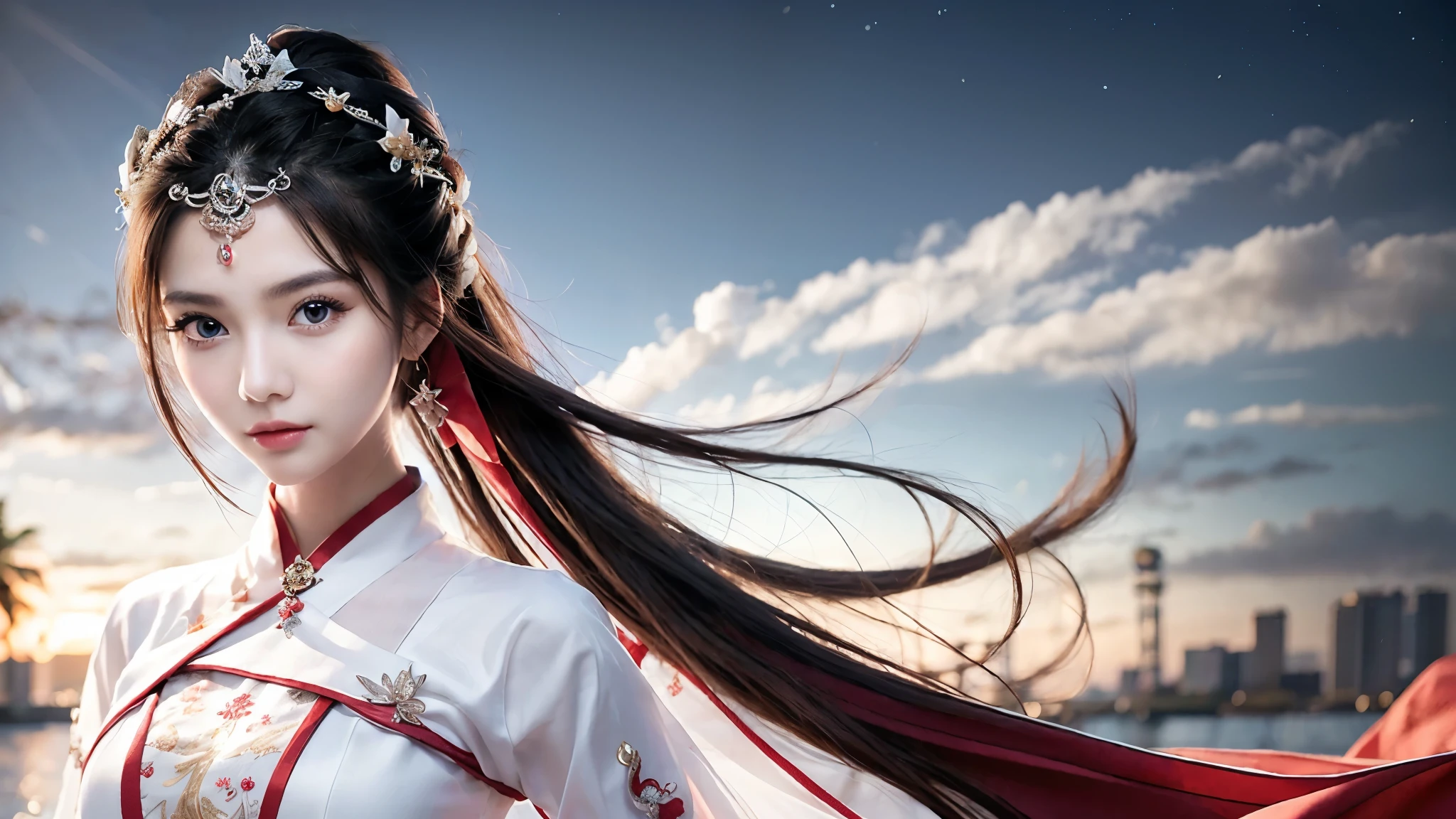 best quality, master, high resolution,1 girl, Chinese dress, super Beautiful face, super beautiful eye, Super beautiful hair Super beautiful face，Super beautiful eyes，Super beautiful hair，long flowing hair，long white hair，Shawl hair，simple hair accessories，Full body female love，Plain white dress，long yarn，nice photos，gentle