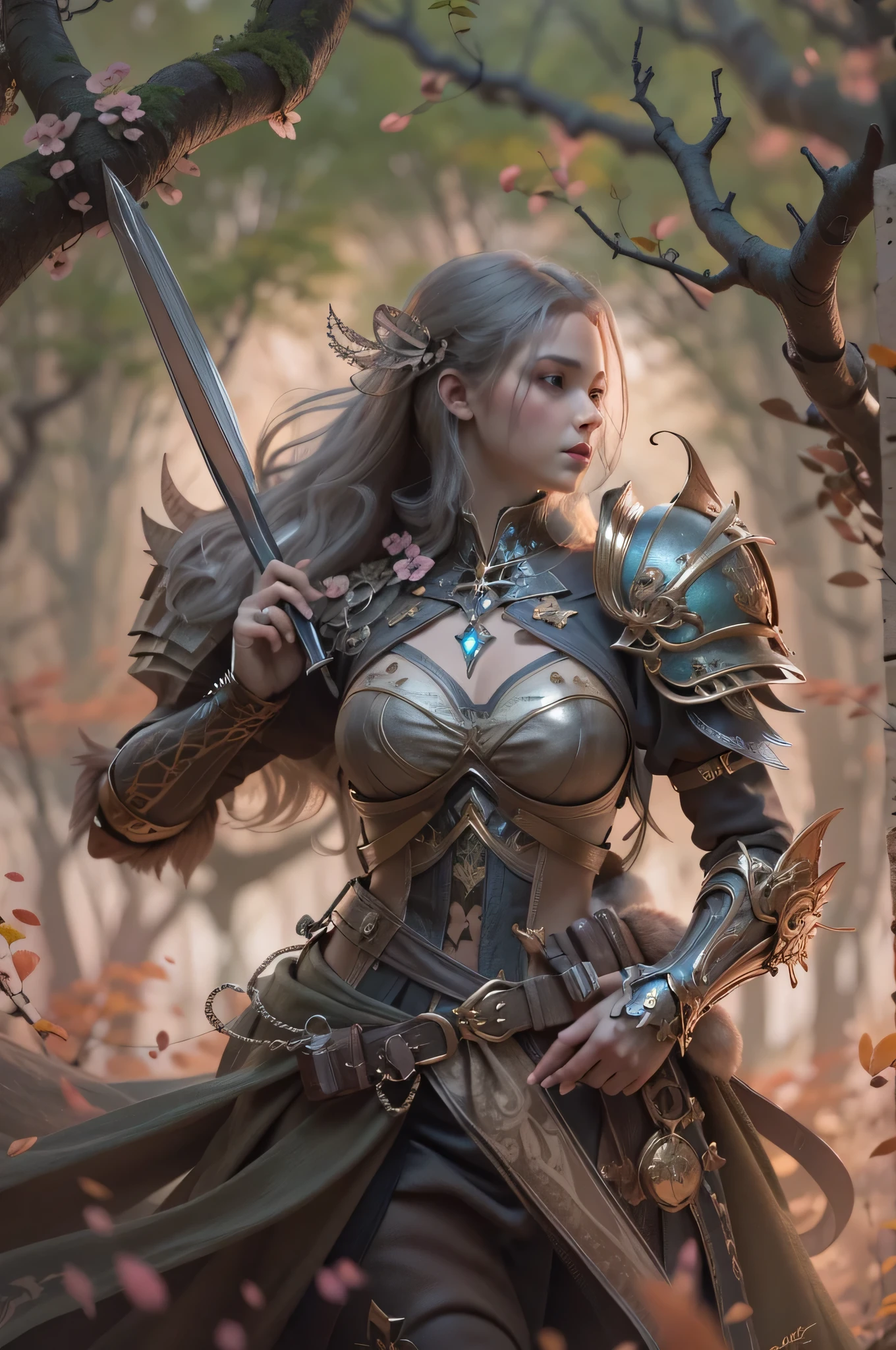 cavaleiro, princesa guerreira segurando armas fairypunk, tela preta, estilo de Guillem H. pongiluppi, Abigail Larson, paisagens sinistras, John Sloane, cinza claro e rosa, energy-filled illustrations, muito detalhado, 900bpi, 100mb with a dragon, golden armor and some trees in the background