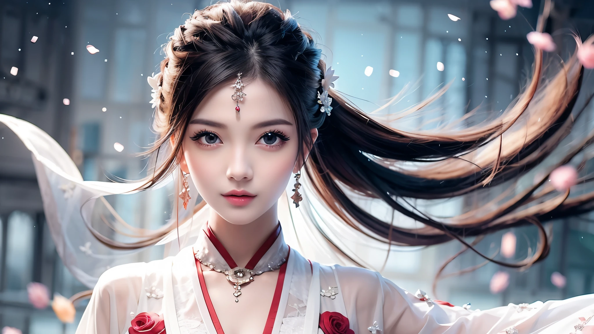 best quality, master, high resolution,1 girl, Chinese dress, super Beautiful face, super beautiful eye, Super beautiful hair Super beautiful face，Super beautiful eyes，Super beautiful hair，long flowing hair，long white hair，Shawl hair，simple hair accessories，Full body female love，Plain white dress，long yarn，nice photos，gentle