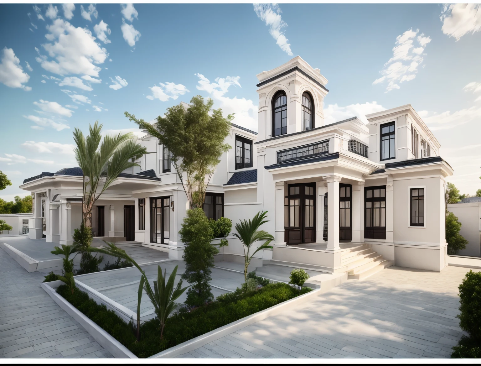 masterpiece, (photorealistic:1.2), best quality, ultra high res, exterior,architechture,modern house,white wall, glass windows,,trees,traffic road,design,trees around, blue sky,in the style of realistic hyper-detailed rendering, 32k uhd, luxury neoclassical villa, in the style of neoclassical scenes, hallyu, white, (dark navy roof:1.2), daylight, decorative art nouveau, les nabis, neoclassical item
 masterpiece,ultra realistic,32k,extremely detailed CG unity 8k wallpaper, best quality'