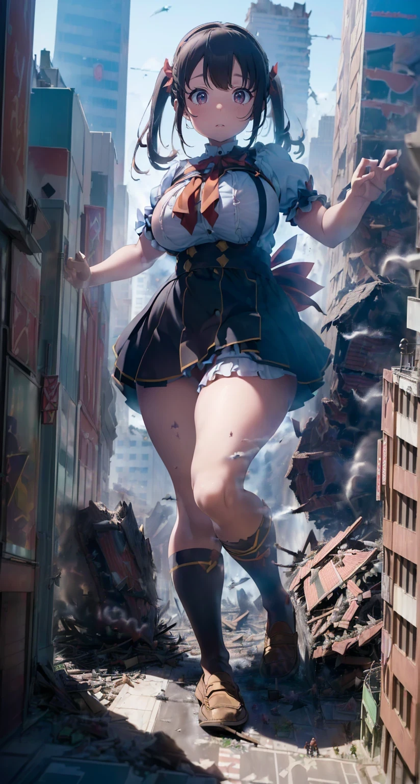 (((dark hero))),White idol frilly ribbon maid outfit、Bigger Girl Bill、background blur、Gulliver'trip、alice in wonderland、city of rubble、((((super huge breasts))))、、、big breasts、big breasts、big breasts、((((plump thighs))))、plump thighs、Building fires、Giant girl sitting on the roof of a skyscraper、cigarette、((((Building explosion))))、reach out your hand、Ruins at the end of the century、((((Open your legs to show your panties)))),進撃の巨人のThe giant girl who moves the earth、((Ultraman))、(((Giant of Light))),The giant girl who moves the earth、足元のcity of rubble、A building with rubble piled up underfoot、flying debris、((((loafers))))、low angle camera、high school girl、((((fighting pose))))、((((A big explosion at my feet))))、8k、High image quality High image quality、nipple、sheer shirt、A dwarven tank at my feet、((((Destroy a broken dwarf building with your feet)))),(((A group of dwarfs running away)))、Confront an army of dwarves