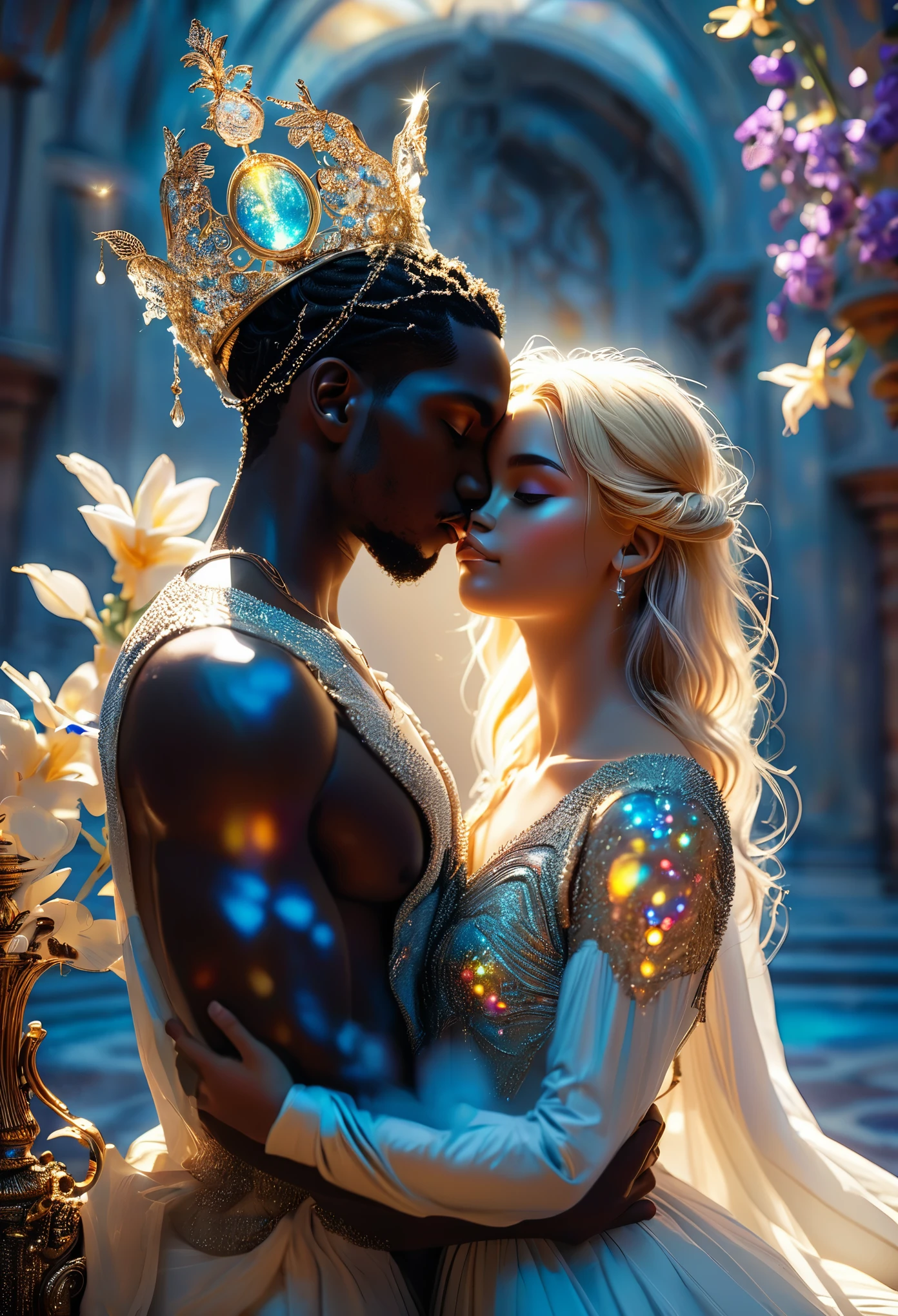 Two enthusiasts (((dark skin))) duets in a celestial landscape, at a celestial ball, deux jeunes couples à la dark skin dans la vingtaine, ils sont amoureux, The first (((dark skin))) le couple est un duc impérial aux yeux gris et (a heavenly priestess (((blonde:1.7))) à la dark skin et aux yeux gris), the second (((dark skin))) le couple est le gardien céleste aux cheveux noirs et aux yeux violets et un juge impérial aux cheveux noirs courts et aux yeux verts, Tout le corps, 8K, Extremely detailed, high quality, (photorealistic:1.37), Tout le corps, ideal proportions and defined complexion, Meticulously designed features, inaccessible beauty, la perfection, une élégance à couper le souffle, courbes g, figures ressemblant à des déesses, divine symmetry, artistic chef-d'artworks, vivid realism, sculptures hyper detailedes, realistic shapes, vraiment impressionnant, un savoir-faire impeccable, pure shine, ethereal beauty, Delicate contours, poses frappantes, sublime beauty, nuances subtiles, compositions dynamiques, Couleurs vives, Perfect lighting, Moving Expressions, Celestial aura, Majestic presence, ambiance onirique, Rendu d'octane detailed inégalé, tendance sur artstation, Photographie artistique 8k, photorealistic concept art, Natural, soft, volumetric cinematic perfect light, clair-obscur, Award-winning photography, chef-d'artwork, composition parfaite, beau, detailed, complexe, incroyablement