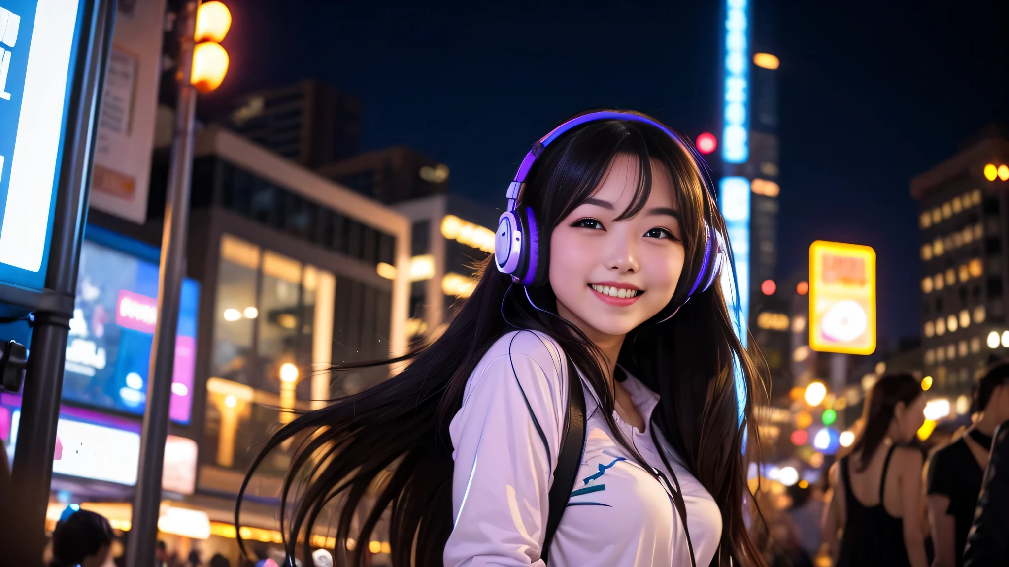 downtown at night、Listening to headphones、dancing、with long hair、smile１woman、cute