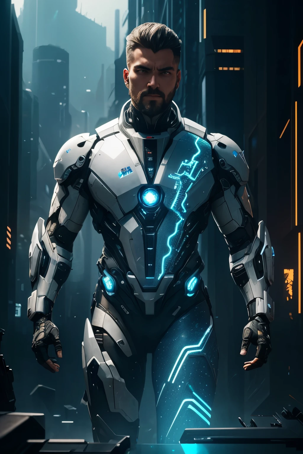 only white lights and colors. best quality,4k,8k,highres,masterpiece:1.2,ultra-detailed,realistic,photorealistic:1.37,3D rendering,glowing neon lights,bio-organic aesthetic,metallic reflections,motion blur,shattered glass shards,mechanical gears and cogs,bright ands,nighttime cityscape,post-apocalyptic atmosphere,sci-fi,bionic limbs and joints,sleek and futuristic design,ethereal and otherworldly,complex circuitry weaving through the body,reflection and refraction of light,transparency and translucency,exaggerated proportions,epic and grandiose scale,imposing presence,futuristic city skyline as the backdrop,dynamic and dramatic poses,mysterious and enigmatic expression.