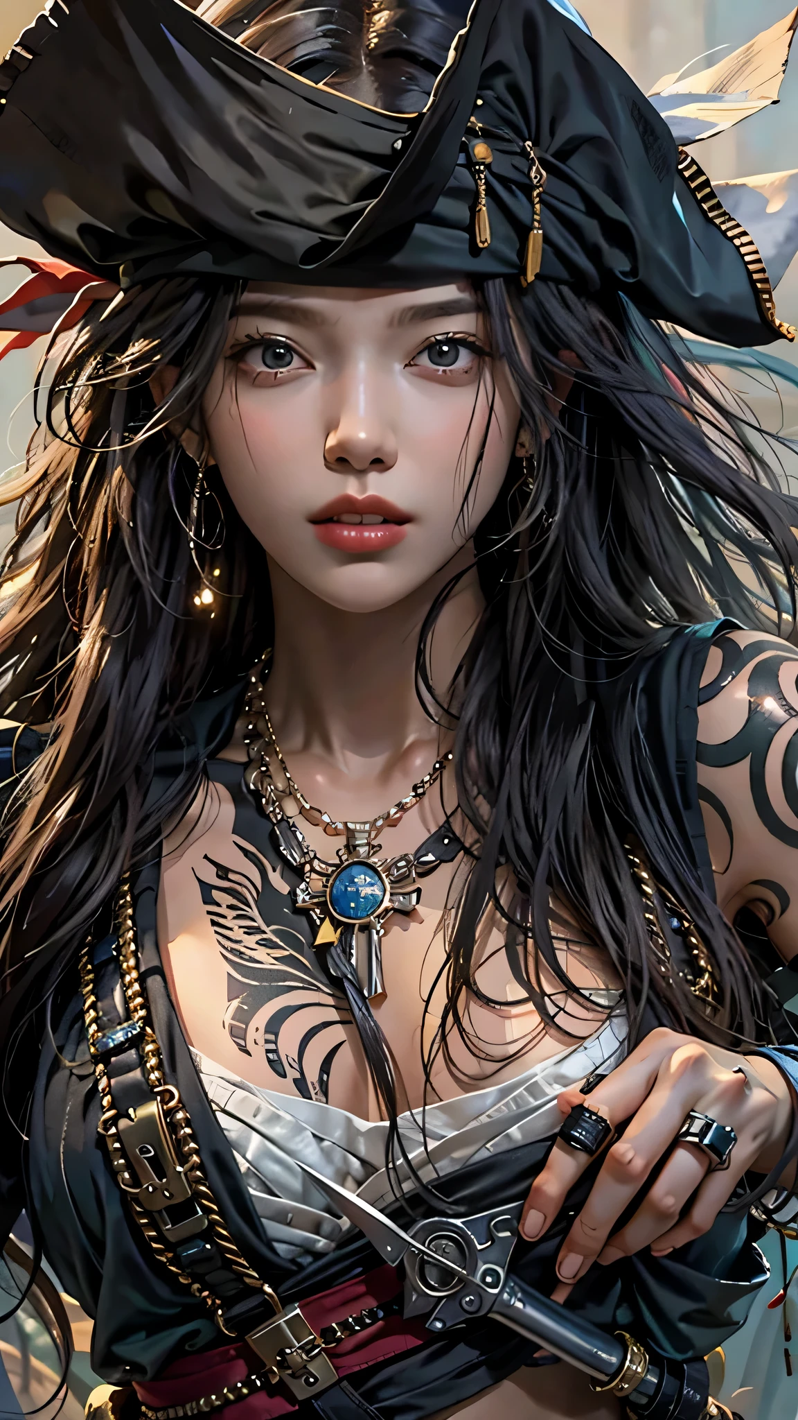 photorealistic, high resolution, soft light,1women, solo, hips up, (detailed face), jewelry, tattoo,black pirates clothing, black hair, super long hair, looking viewers, tatto, messy hair, close up, small breast, adult, holding pirates sword