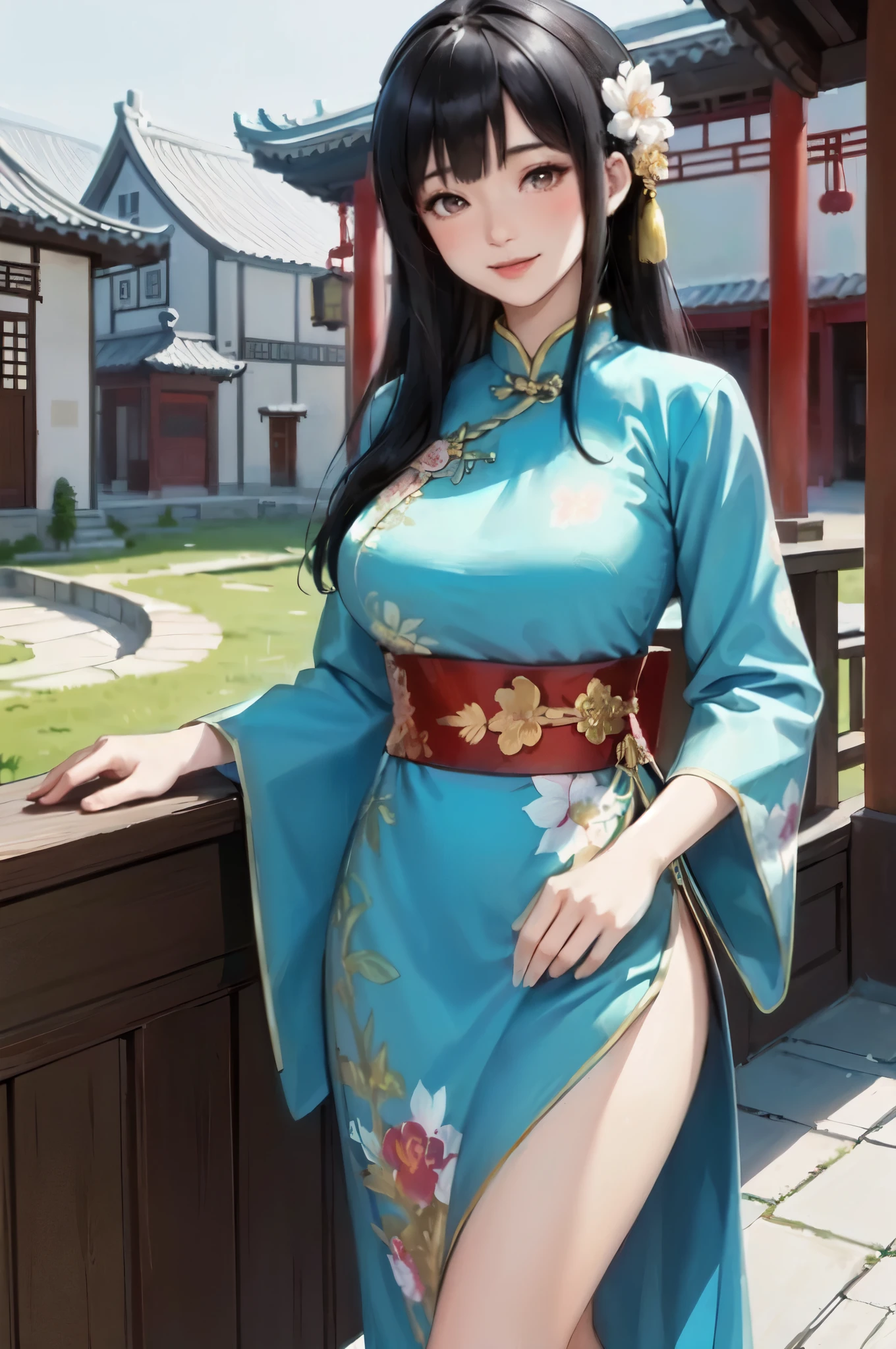 Best Quality,High resolution,8k,finelity detailed background,Masterpiece:1.2),beautiful girl,Shiny brown hair,messy hair,Brown eyes,Gentle look,A refreshing look,smile,Best quality,Best Quality,Aesthetic and aesthetic:1.2,Best details((Super detailed))(High-definition CG illustrations),China dress(blue),Slender body,Japanese garden,smile,blush,cute,Scrounge,Looking up,Being spoiled,super model