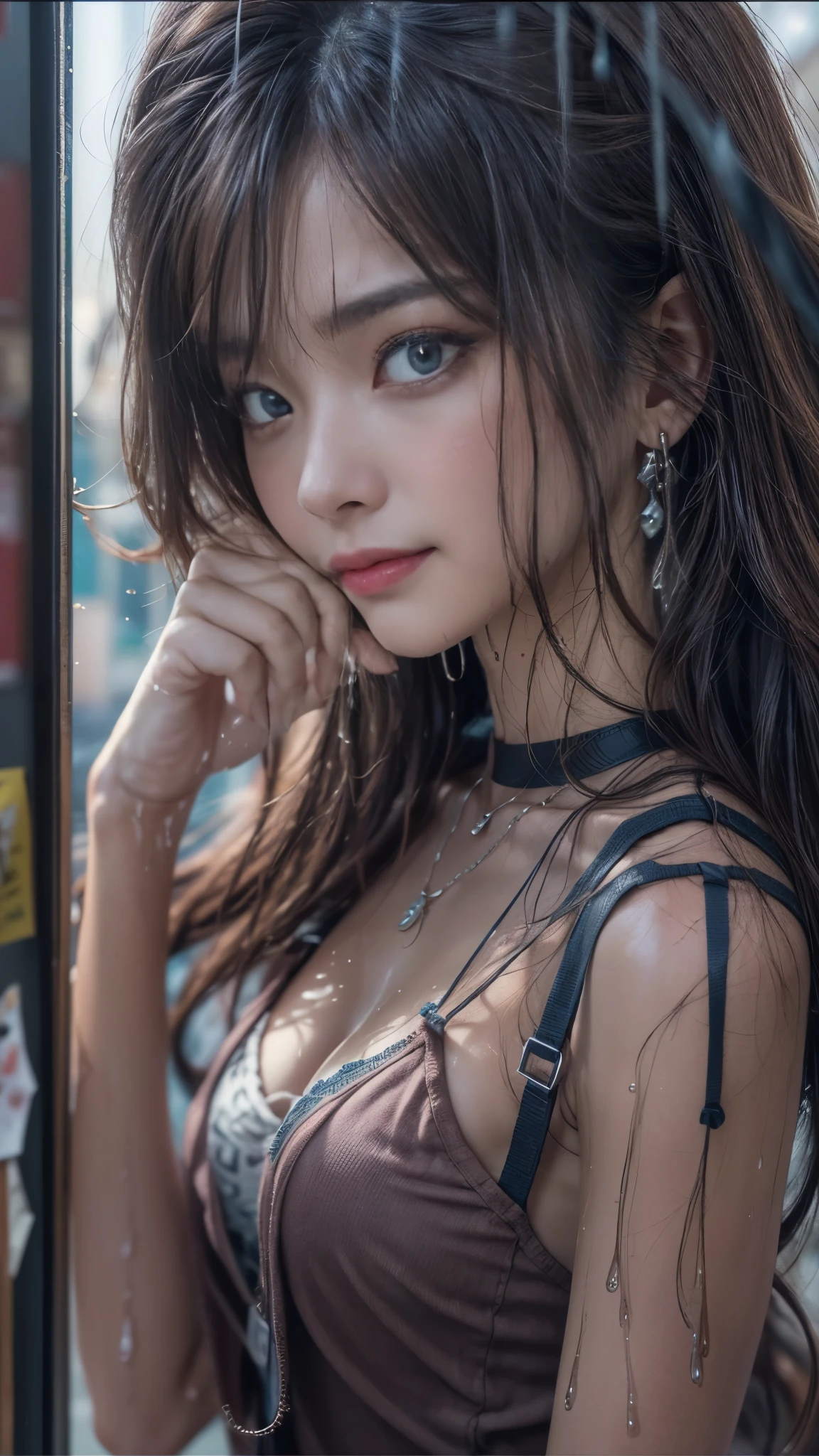 (RAW shooting, Photoreal:1.5, 8K, highest quality, masterpiece, ultra high resolution), perfect dynamic composition:1.2, Night street corner of a modern city, look up at the sky:1.3, (((Typhoon heavy rain))), Highly detailed skin and facial textures:1.2, Slim office lady wet in the rain:1.3, sexy beauty:1.1, perfect style:1.2, beautiful and aesthetic:1.1, Fair skin, very beautiful face, water droplets on the skin, (rain drips all over my body:1.2, wet body, wet hair:1.4, wet office skirt:1.2, wet office lady uniform:1.3), belt, (Medium chest, Bra see-through, Chest gap), (look of resignation, embarrassing smile, The expression on your face when you feel intense caress, Facial expression when feeling pleasure), (beautiful blue eyes, Eyes that feel beautiful eros:0.8), (Too erotic:0.9, Bewitching:0.9), cowboy shot, Shoulder bag, necklace, earrings, bracelet, clock