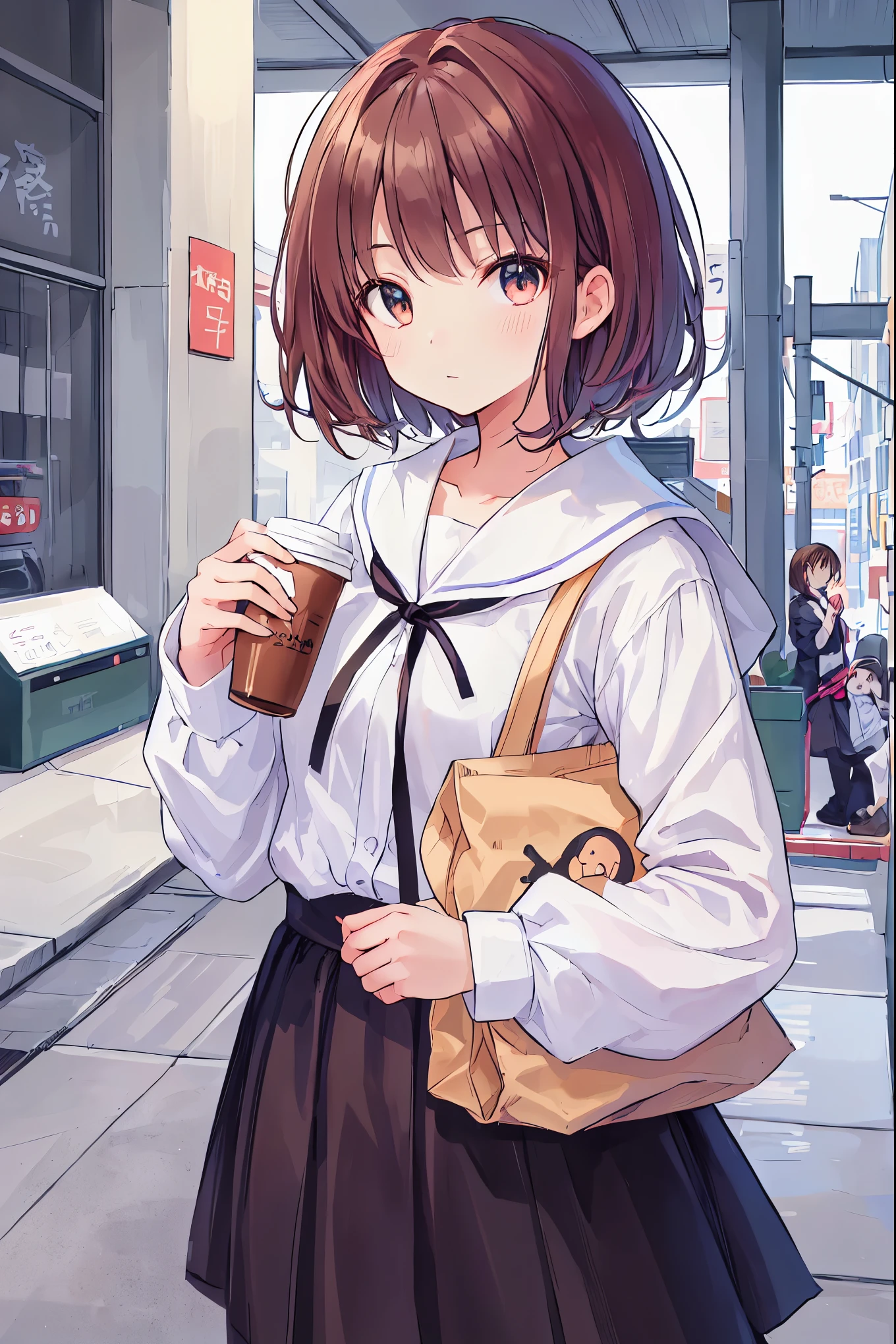 There is a young girl with coffee in her hand, Cute girl - well-groomed face, cute natural anime face, cute - well-groomed - face, sakimi chan, Chiho, Yoshitomo Nara, young and cute face, beautiful japanese girl face, brown hair and big eyes, cute cute girl, beautiful light big eyes