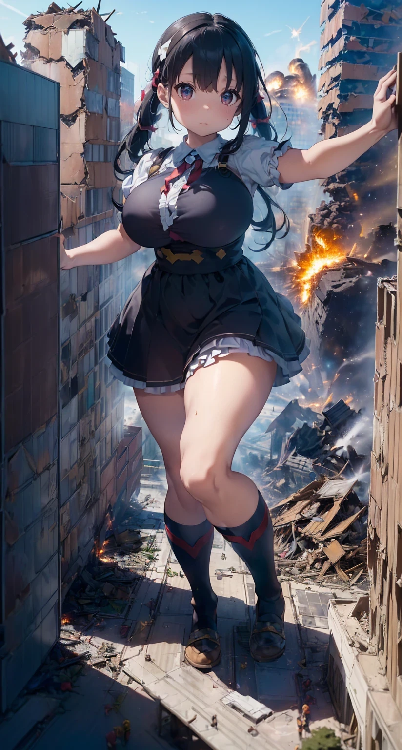 (((dark hero))),White idol frilly ribbon maid outfit、Bigger Girl Bill、background blur、Gulliver&#39;trip、alice in wonderland、city of rubble、((((super huge breasts))))、big breasts、、big breasts、big breasts、big breasts、((plump thighs))、plump thighs、Building fires、Giant girl sitting on the roof of a skyscraper、cigarette、((((Building explosion))))、reach out your hand、Ruins at the end of the century、((((Open your legs to show your panties)))),進撃の巨人のThe giant girl who moves the earth、((Ultraman)）、(((Giant of Light))),The giant girl who moves the earth、足元のcity of rubble、A building with rubble piled up underfoot、flying debris、loafers、low angle camera、high school girl、((((fighting pose))))、((((A big explosion at my feet))))、8ｋ、High image quality High image quality、nipple、sheer shirt、A dwarven tank at my feet、((((Destroy a broken dwarf building with your feet)))),(((A group of dwarfs running away)))、Confront an army of dwarves