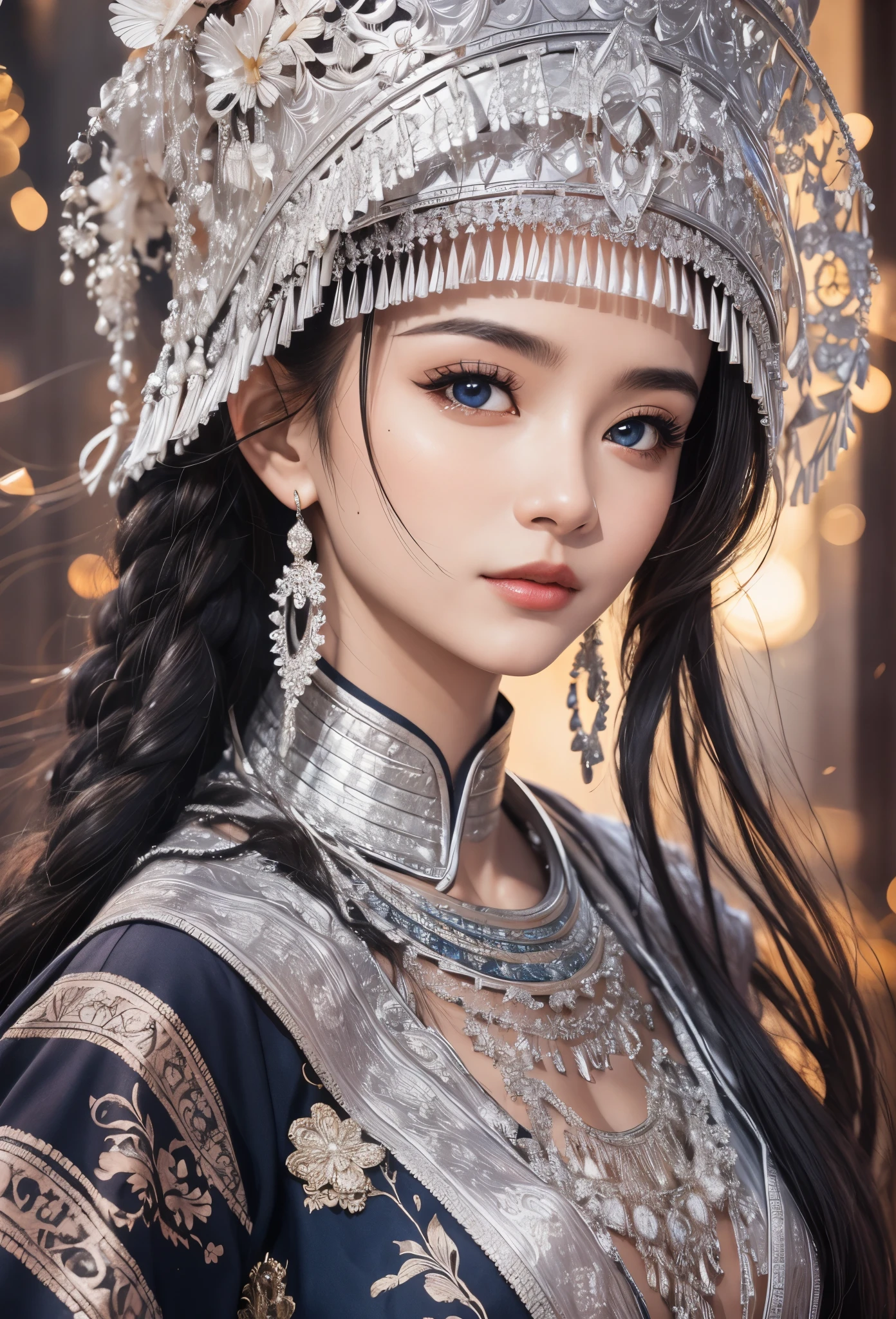 (masterpiece，high quality，8K).beautiful girl，exquisite facial features，Skin details，Bright Eyes，unique，minority，silver，silver的头饰：1.37，flowing long hair，portable lantern，dark ethnic clothing，Look at the camera，Look at the audience，Red and black as main colors